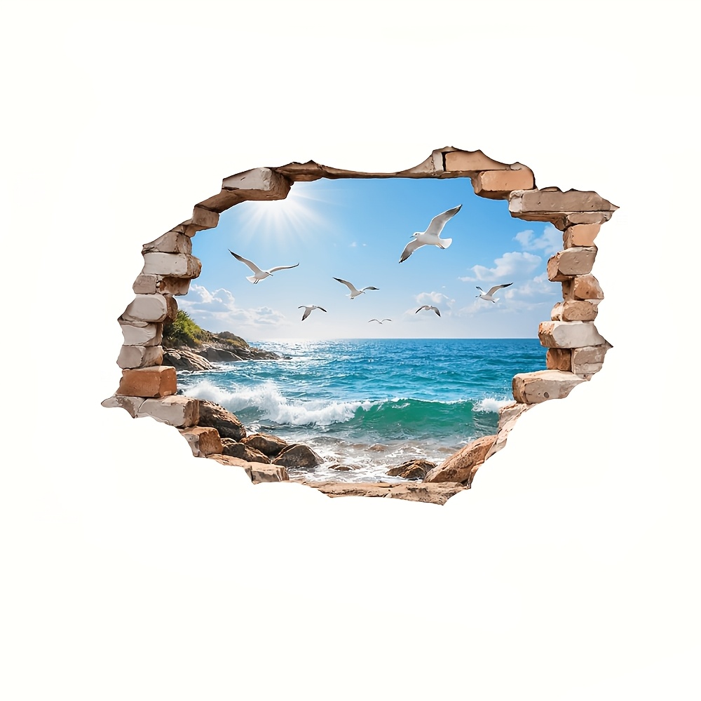 1pc Seagull Pattern Ocean Wall Sticker - Realistic Brick Hole Mural, Suitable For Bedroom And Living Room Decorative Wall Stickers