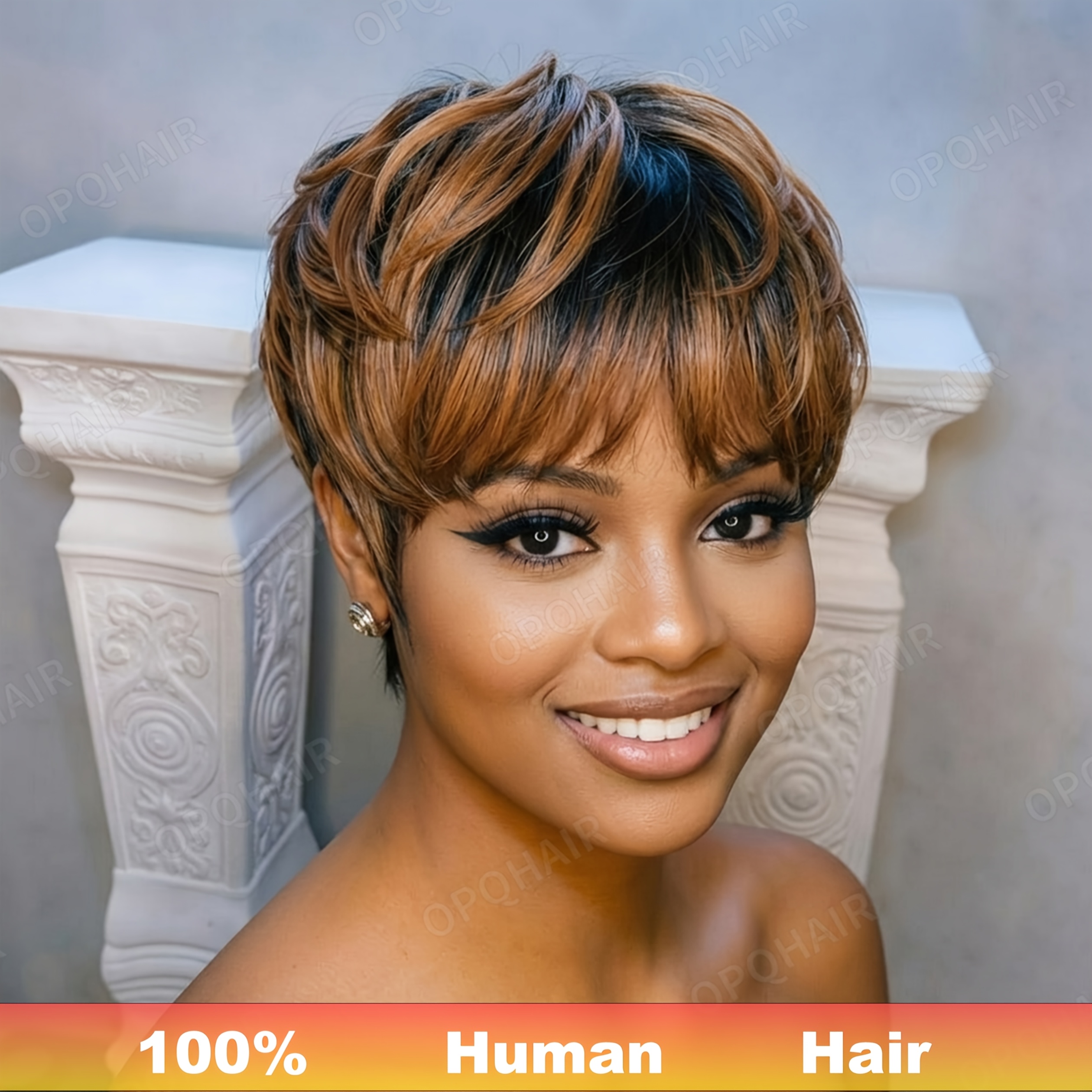Short Cut Human Hair Wig - Black With Brown Layered Straight Style For Women, 6 Inch 150% Density Natural Look For Fashion Accessory Realistic Hair Texture, Short Human Hair Halloween Wigs