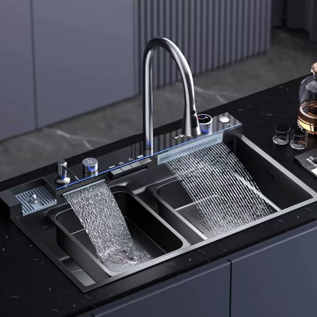 TEMU GunmetalgrÃ¥ kÃ¶ksvask - Tungt rostfritt stÃ¥l, Nano-skrapteknik, Temperaturdisplay, Utdragbar kran, MuggskÃ¶ljare, Vattenreningssystem, fÃ¶r mod