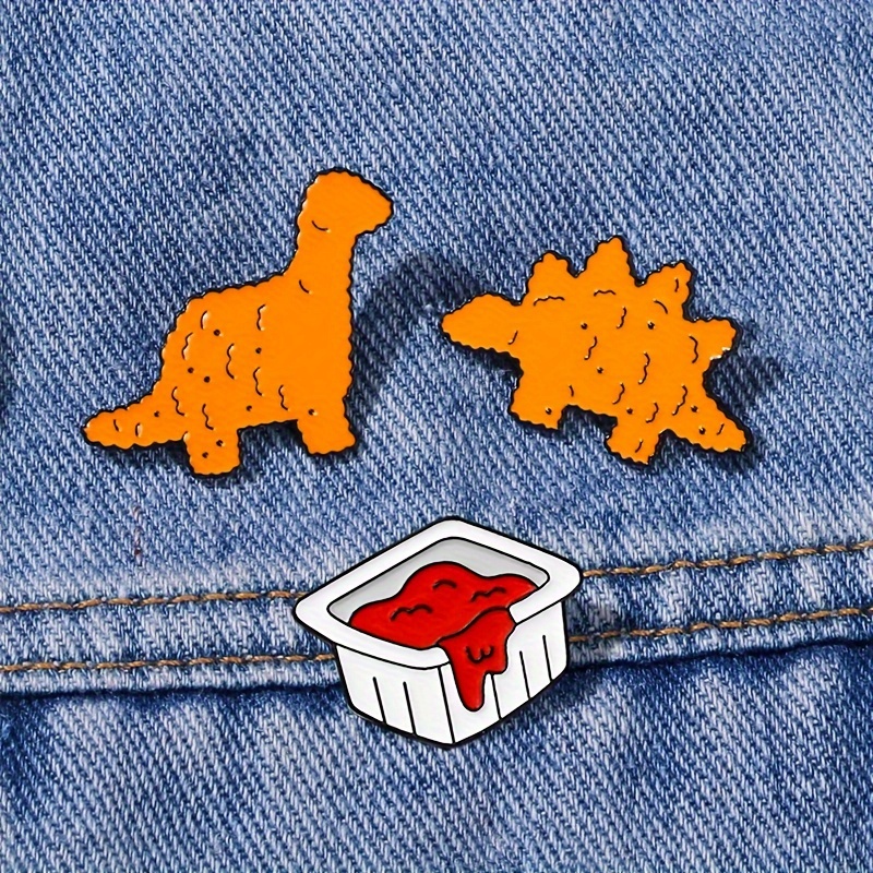 

3-piece Cute Dinosaur Enamel Pin Set With Dipping Sauce, Cartoon- Alloy Brooches For Backpacks And Denim Jackets