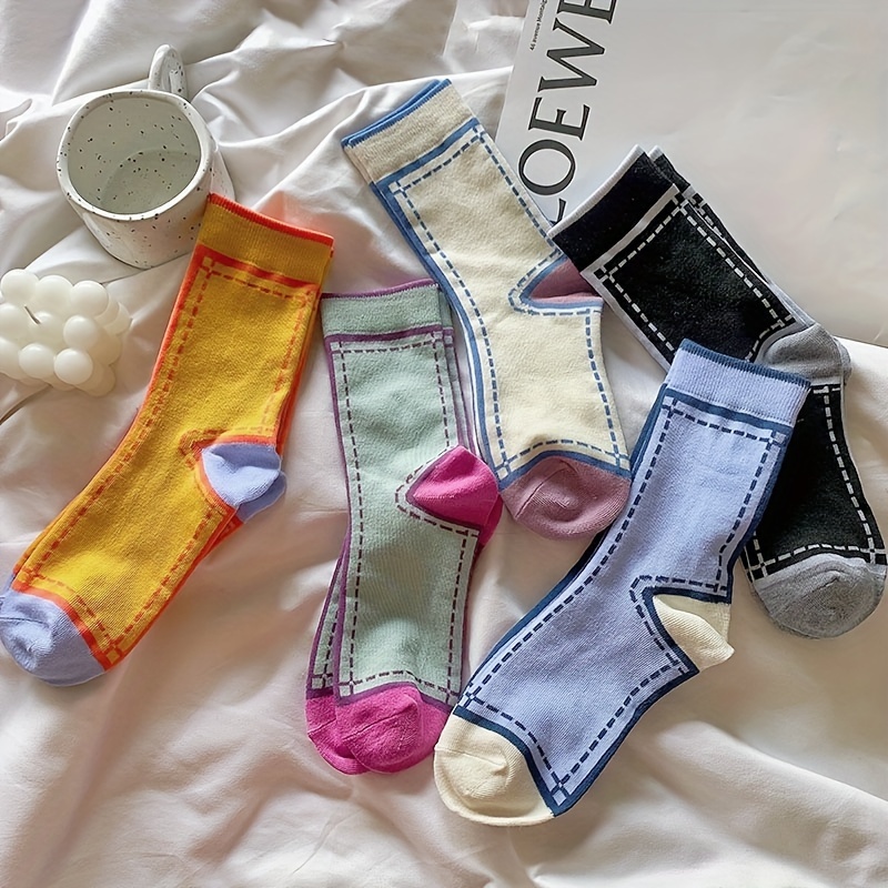 

5 Pairs Color Block 3d Socks, Stylish & Preppy Mid Tube Socks, Women's Stockings & Hosiery