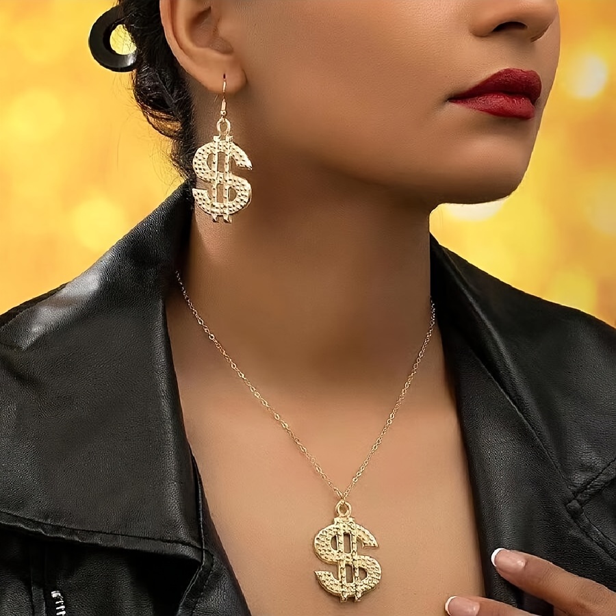 1 Set Of European And Elegant Hip-hop Dollar Sign Temperament Letter Stud Earrings Necklace Set Suitable For Vacation Daily Wear ()