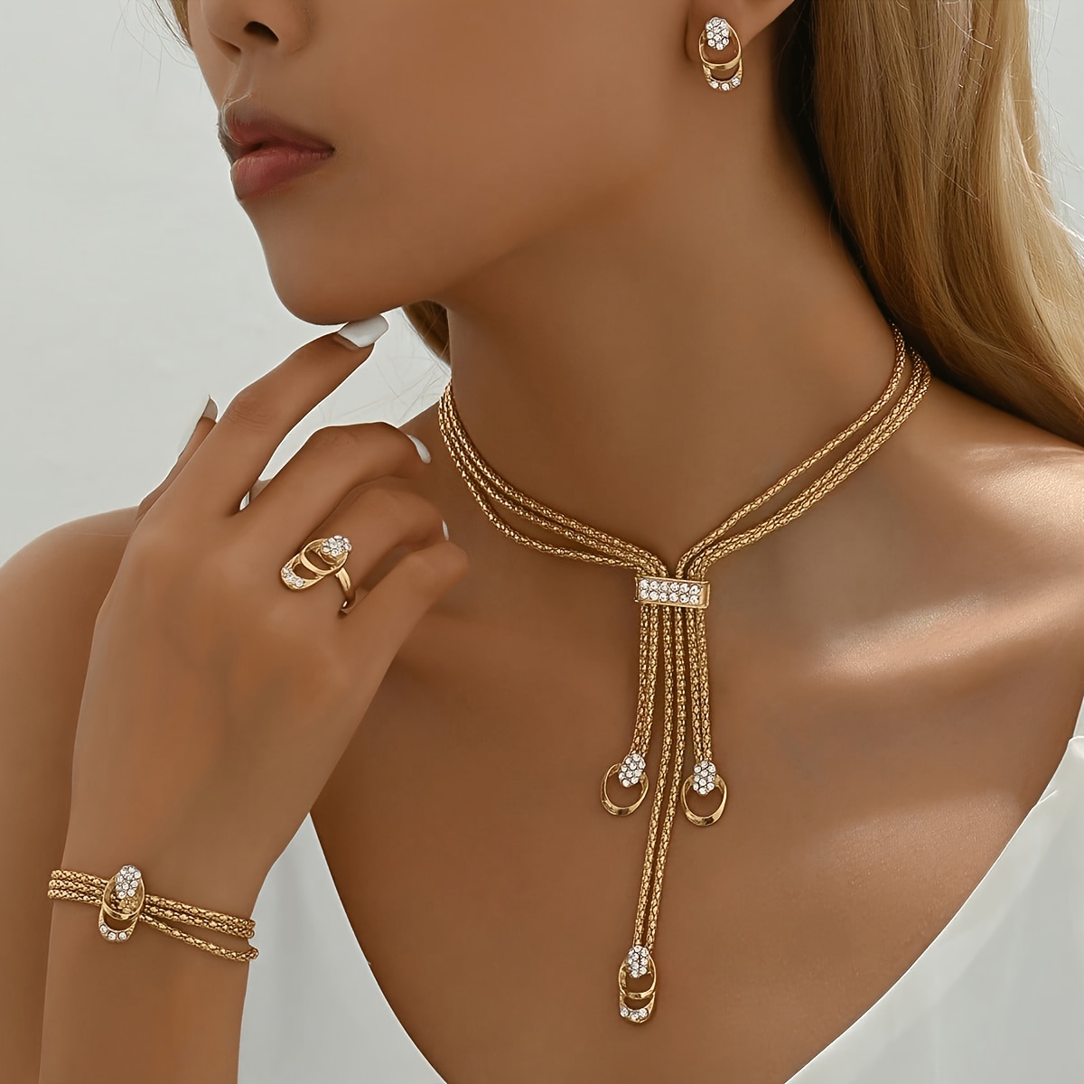 TEMU Western Light Luxury Twist Tassel Set Evening Party Dress Matching Jewelry Necklace Earrings Bracelet Ring 4pcs Set