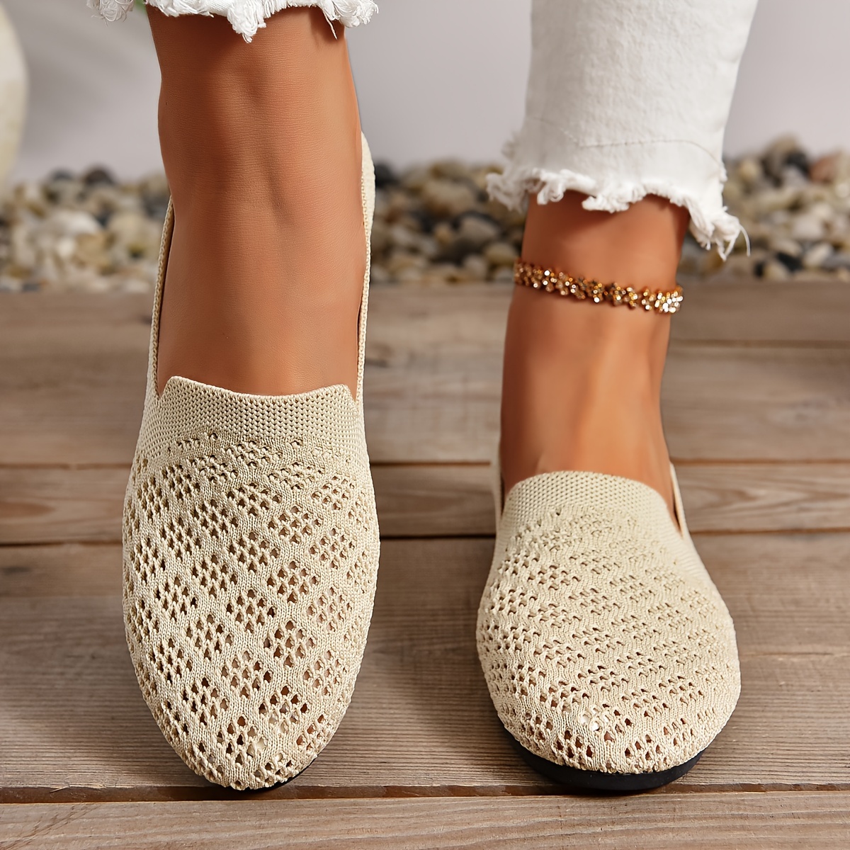 

Women's Knitted Flat Shoes, Breathable Hollow Out Slip On Shoes, Casual Lightweight Walking Flats