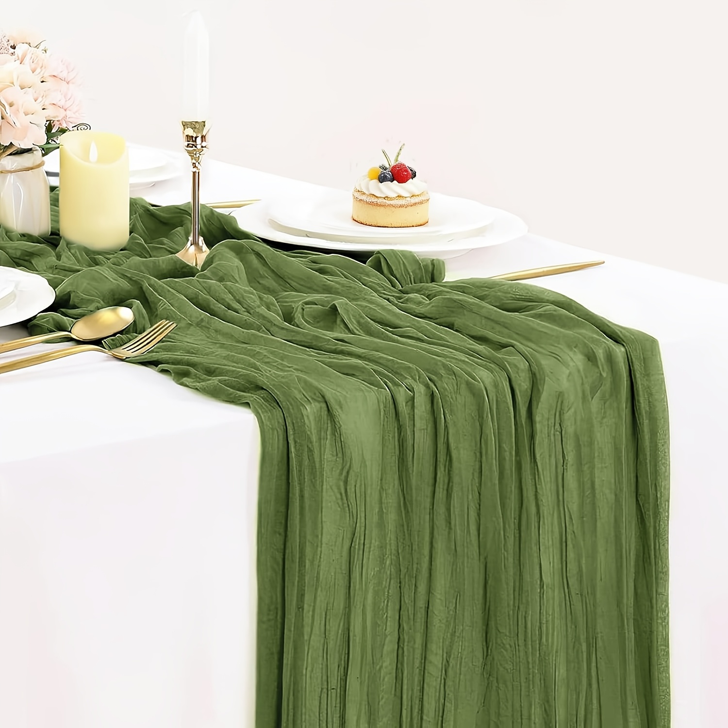 -foot Long Olive Green Cheesecloth Table Runner, Perfect For Bohemian-themed Decorations, Showcasing A Rustic Sheer Style Great For Weddings And Celebrations