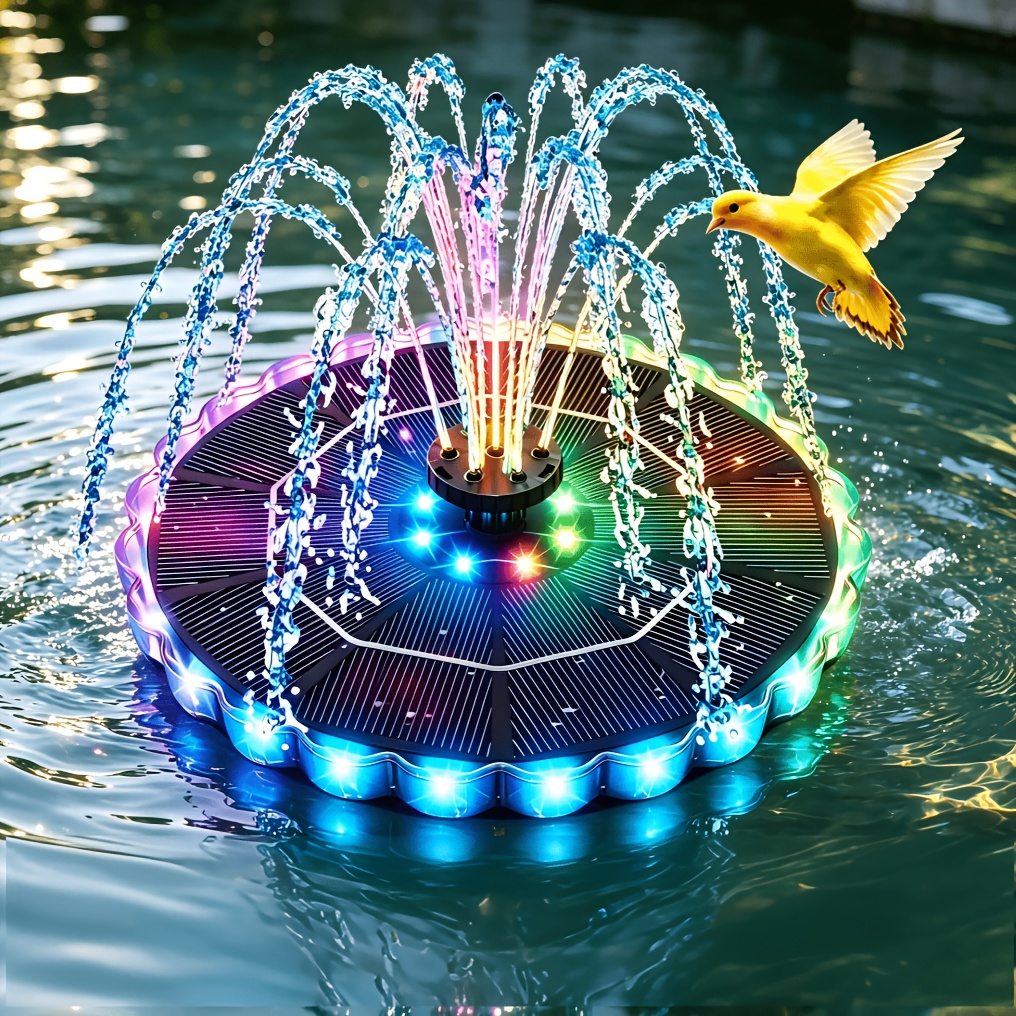 TEMU Solar Fountain With Colorful Ring Lights, Solar Water Fountain Pump With Battery, For Bird Bath, Pond, Pool, Outdoor Garden