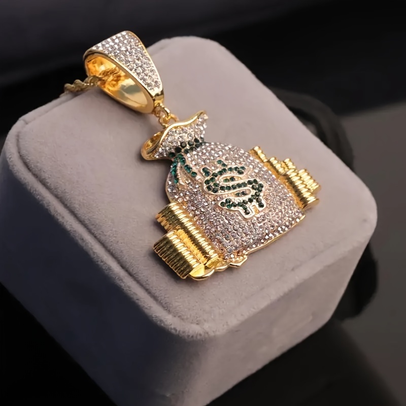 1pc exquisite rhinestone money bag pendant necklace for men and women details 3