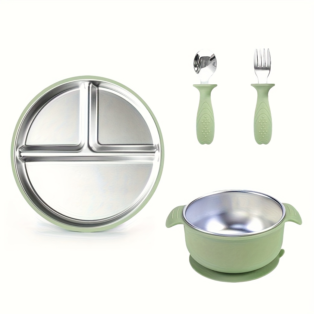 Image of Kitchen Tableware Set - Stainless Steel Plate, Bowl, , Baby Supplementary Food Bowl, Dining Plate, For Young Children's Meals 304 Stainless Steel, Anti-fall And Anti-scalding, Easy To Clean