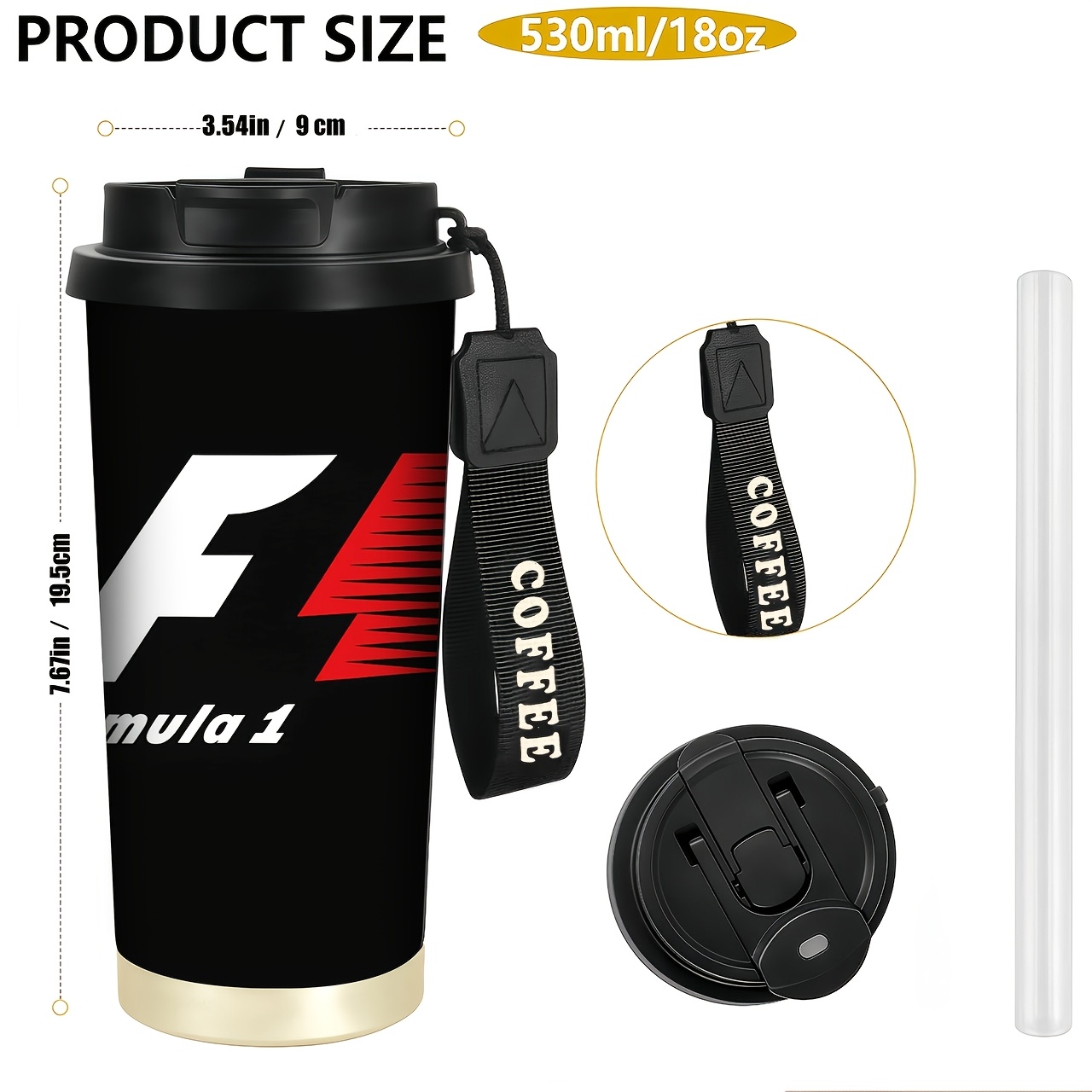 TEMU 1 18oz Stainless Steel Tumbler With Lid - Leak-proof, Modern Racing-themed Design, Black With Red And White Logos, For , Coffee Travel Mug, Cup,