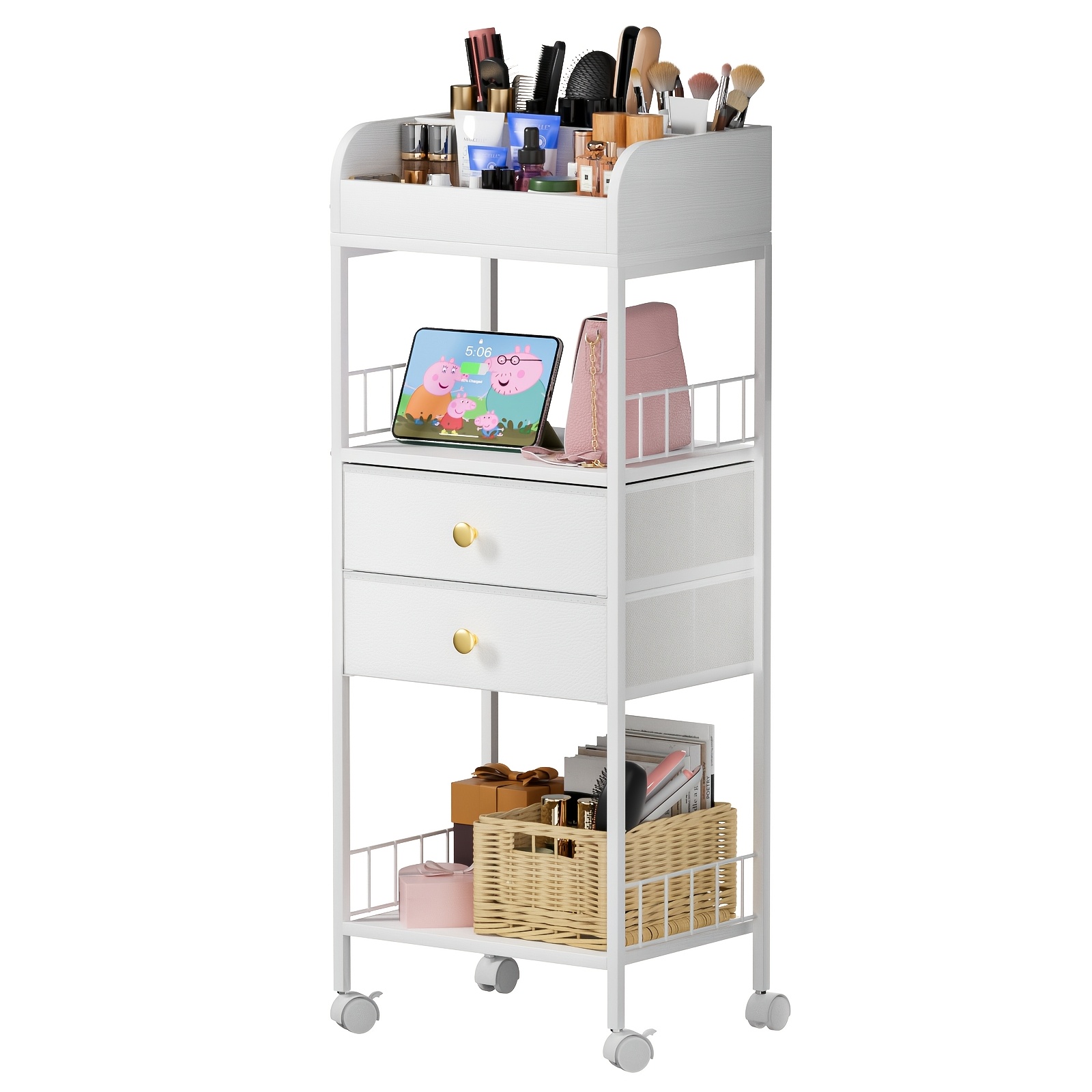 Mobile Vanity Organizer With Pull-out Fabric Drawers And Locking Wheels - 40x30x100cm White Storage Cart, 2-tier Fabric Drawers And 6-compartment Top Shelf For Makeup, Bathroom And Bedroom