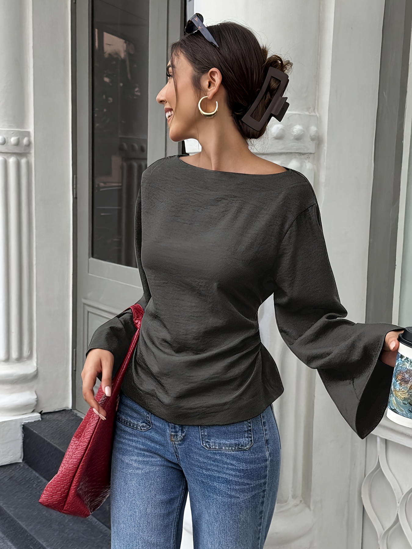 app　mare Slim Tie Flare Blouse elegant womens boat neck elegant flared sleeve - Temu Oman