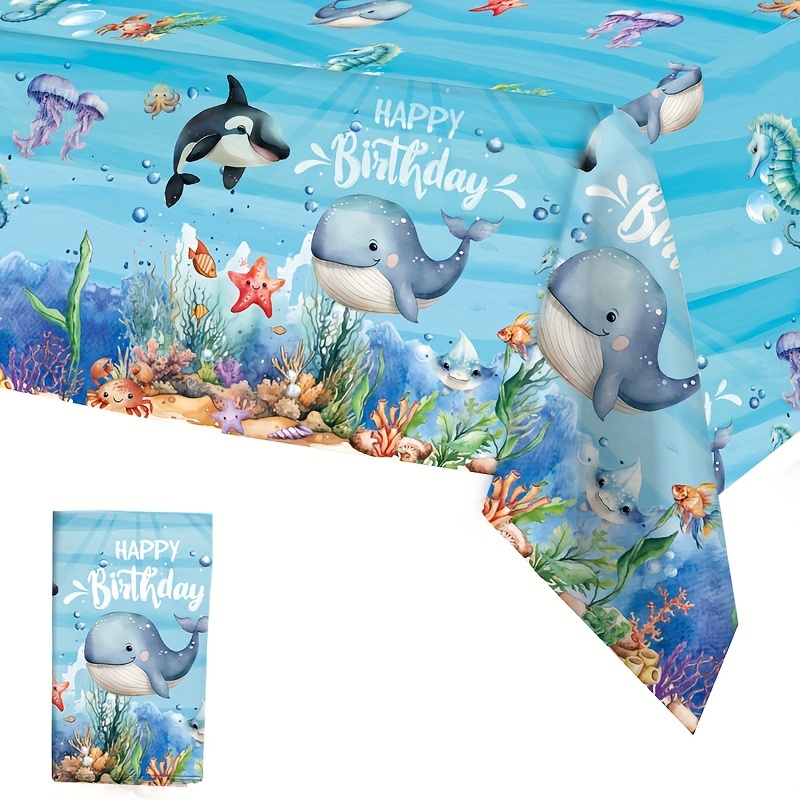 

Ocean-themed Disposable Tablecloth - Blue Sea Animals Design, Waterproof Plastic Cover For Summer Pool Parties & Birthdays, 86.61 X 51.18 Inch
