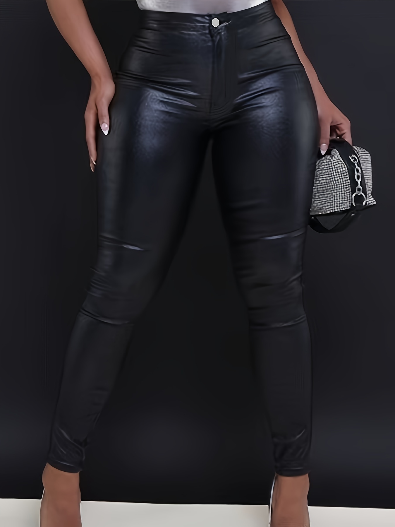 Black Leather Look Skinny Jeans, High Stretch Slim Fit Chic Tight Jeans,  Women's Denim Jeans & Clothing