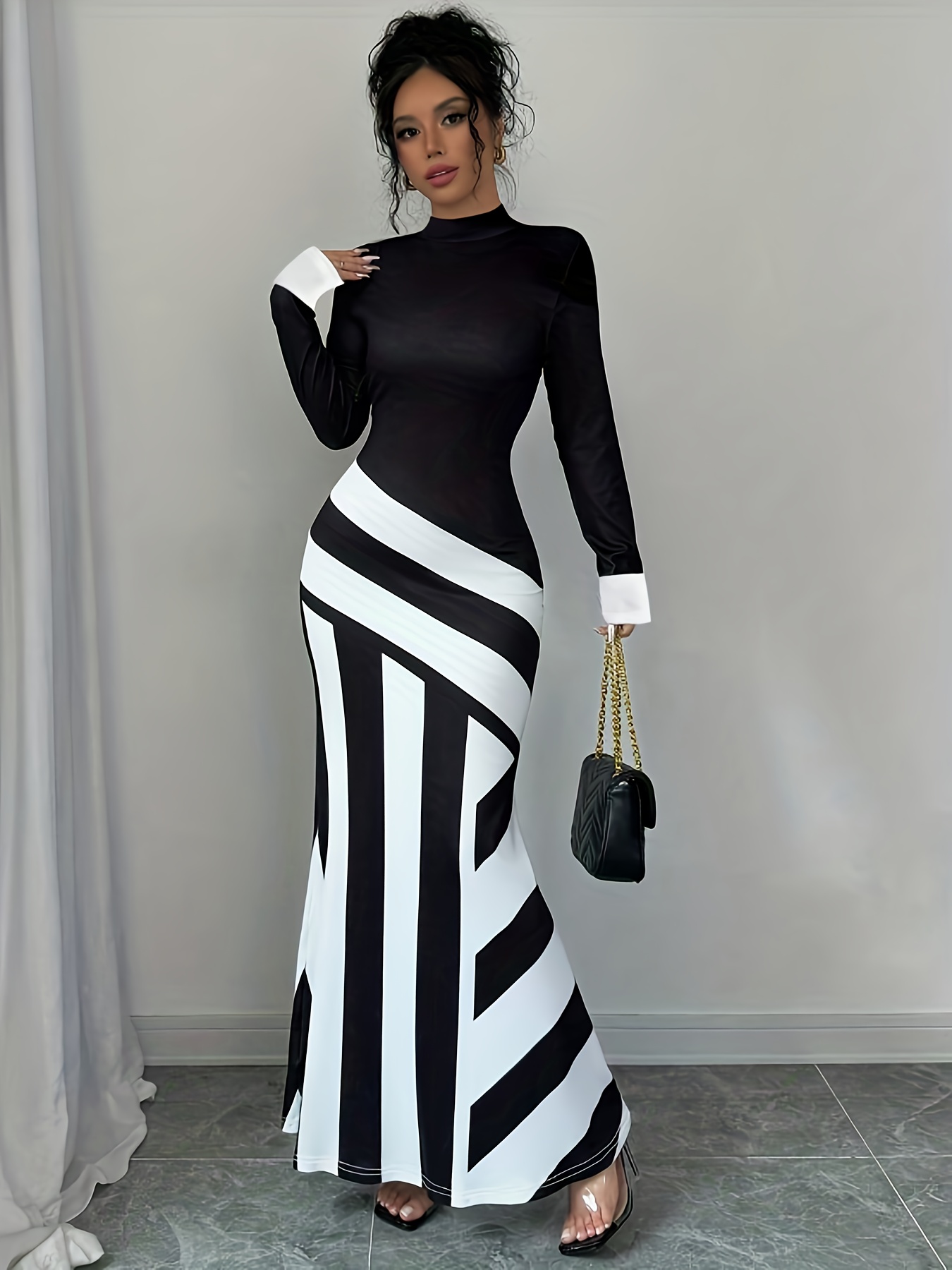 女士优雅高领条纹修身鱼尾裙 - 可机洗中弹力中长款连衣裙，适合春秋季办公室与休闲穿搭 商品详情 5