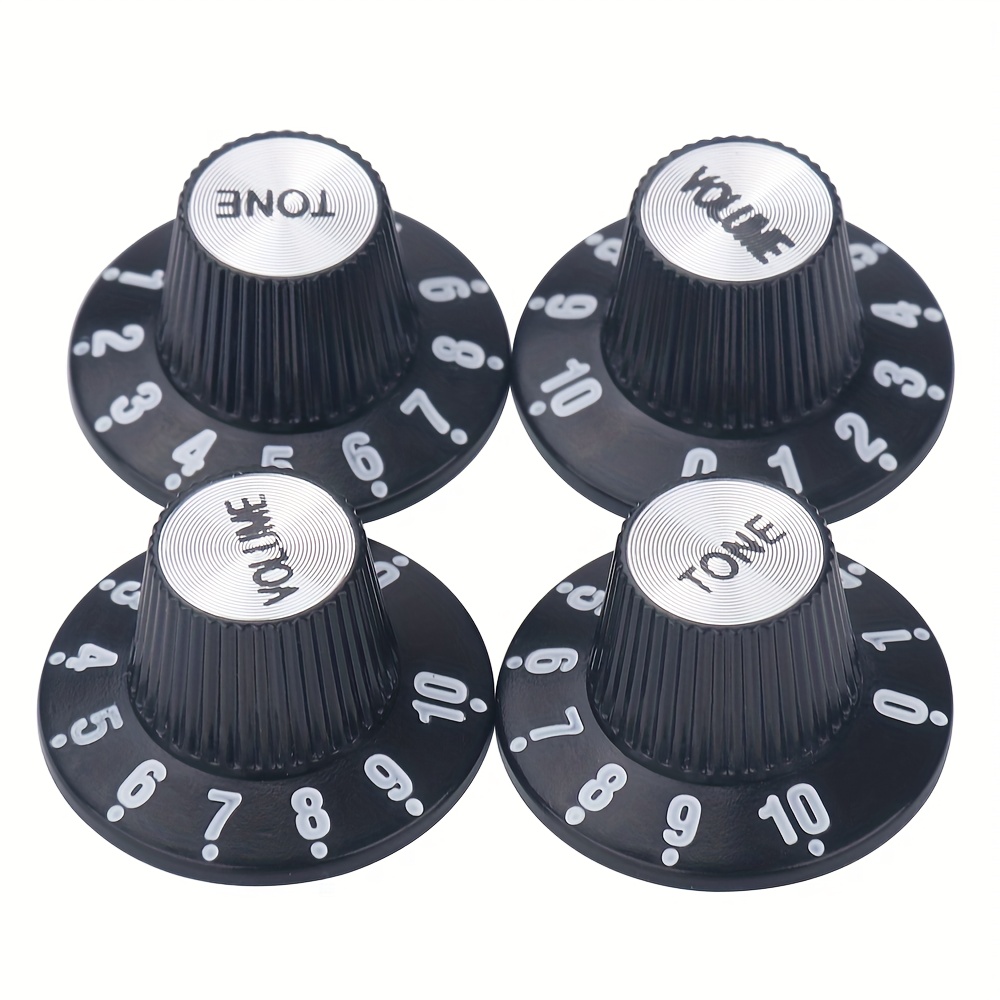 Set of 4 Electric Guitar Knobs - Witch Hat Bell Style, 2 Volume 2 Tone Control Dials, Plastic Black with Glossy Finish for Les Paul SG Guitars