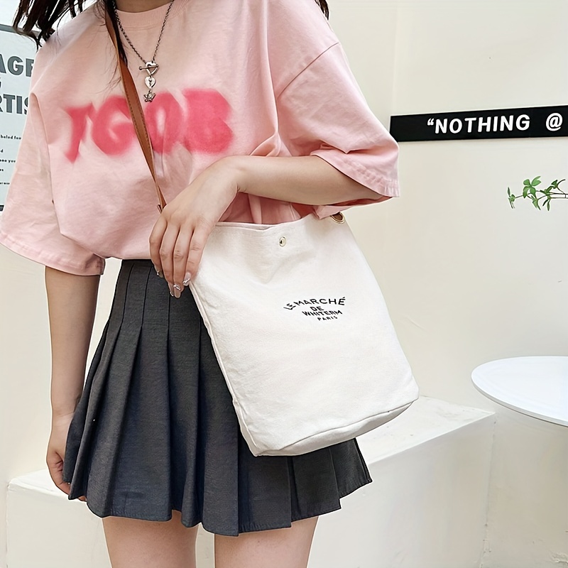 

Simple Canvas Bucket Bag, Literary Letter Print Shoulder Bag, Casual Crossbody Bag For School