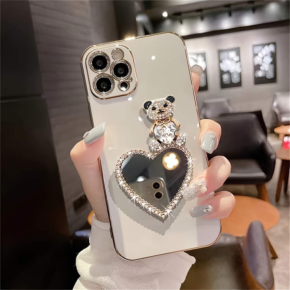 cute glitter bear love makeup mirror electroplated case for iphone 15 14 13 12 11 pro max soft silicone cover details 1