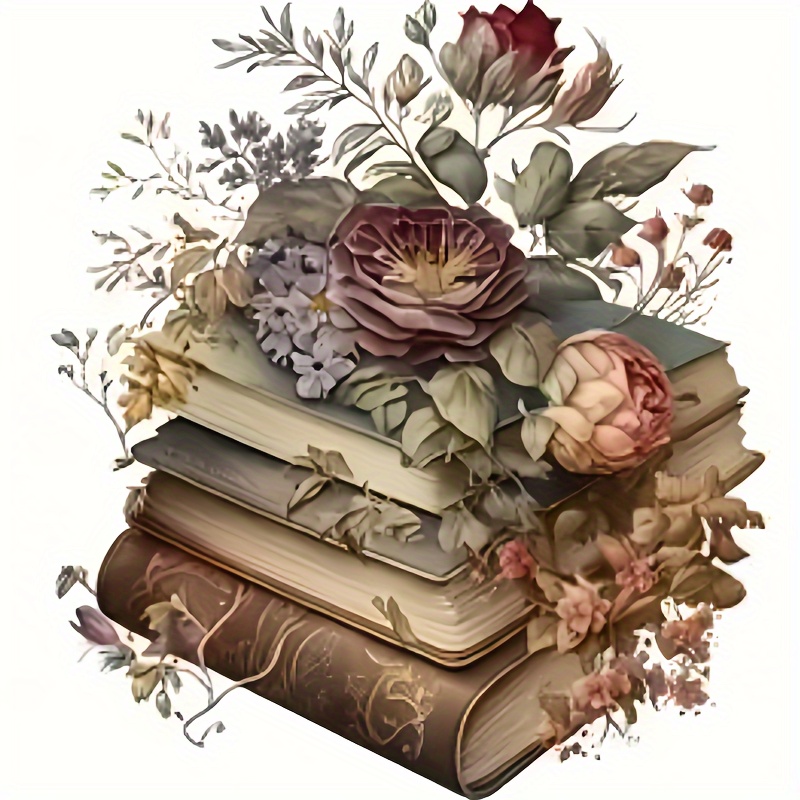 Pvc Heat Transfer Applique Patch, Beautiful Flowers And Books Design, Diy Iron-on Washable Decal For T-shirts, Jeans, Sweatshirts, Tote Bags, And Pillows