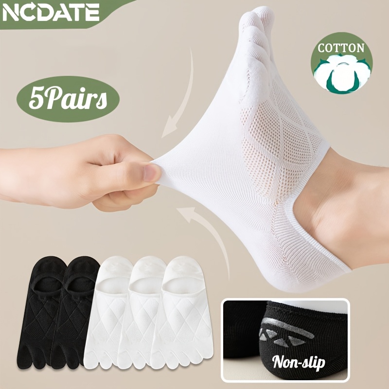 Image of 5 Pairs Versatile Black White Toe Separator Socks, Hollow Mesh Design, Dry & Breathable For Spring Summer, Unisex Invisible Socks For Sports & Daily Wear
