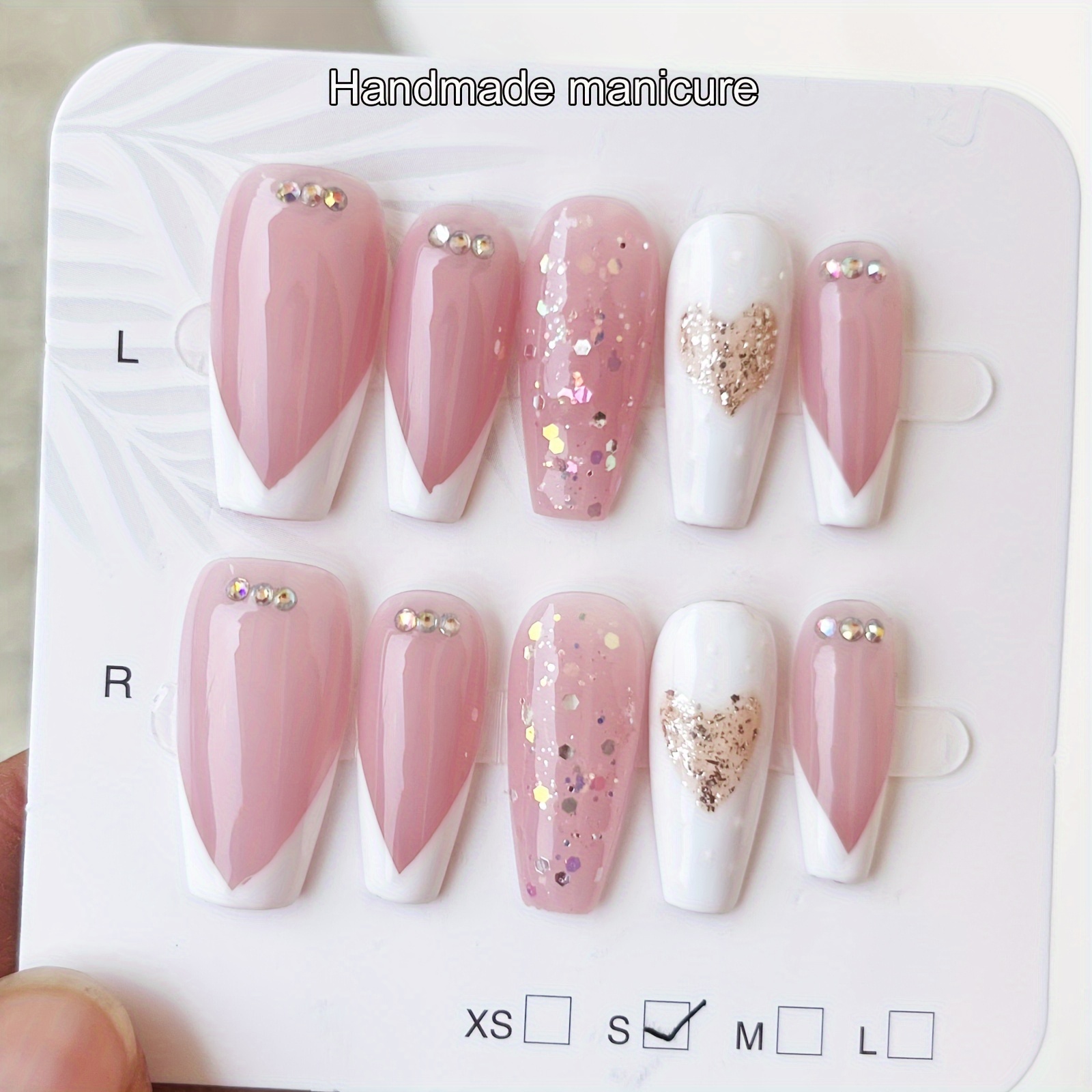 

10pcs Handmade Press-on Nails Set - Gradient With Heart And Flower Accents, , Medium Length - Sparkling Acrylic False Nails For Women And Girls, Parties And Dates