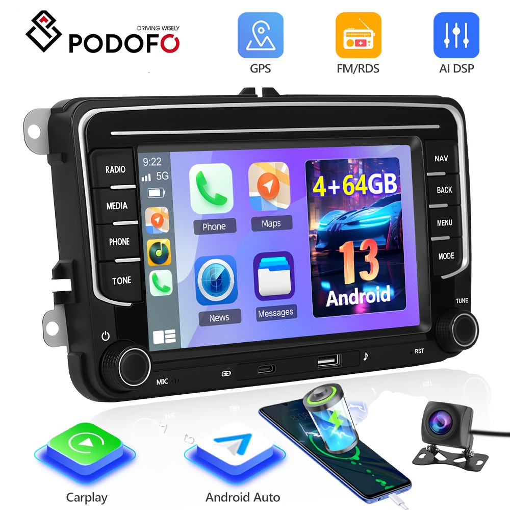 

Podofo Upgraded 4g 64g Radio For Vw For For For Golf For Car Stereo With 7inch 1080p Ips Touchscreen Fm Rds, Ai Dsp 32eq, Auto, 5.0 Wireless, Gps, Ahd Backup Camera, Without Battery