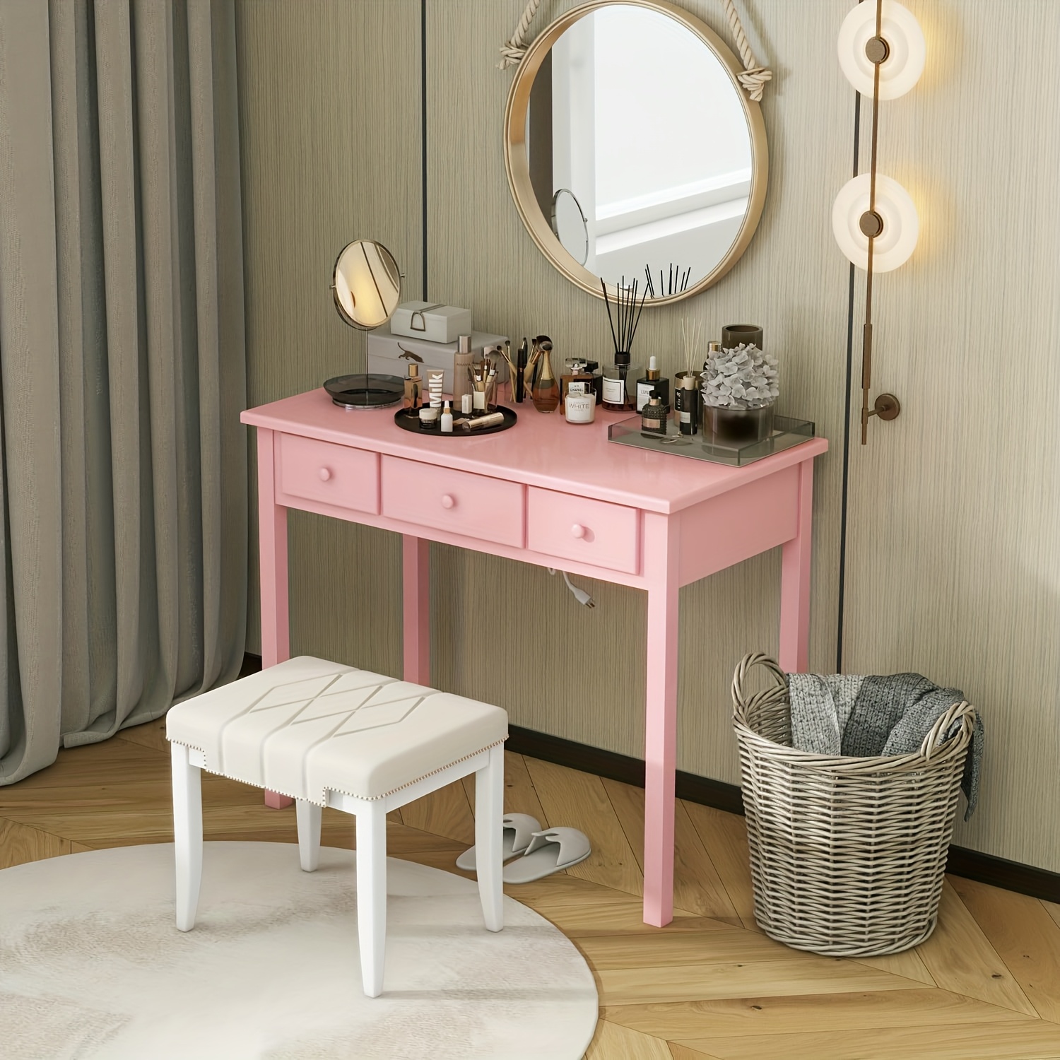 Modern 40-Inch Pink Writing Desk Featuring a Hutch And Five Drawers, Ideal for a for home Office Or As a Compact Vanity in The Bedroom