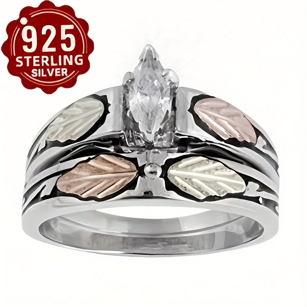 TEMU Elegant S925 Sterling Silvery 2pcs Ring Set With Leaf Design And Synthetic Cubic Synthetic Zirconia Inlay, Suitable For Daily Wear, Banquets,