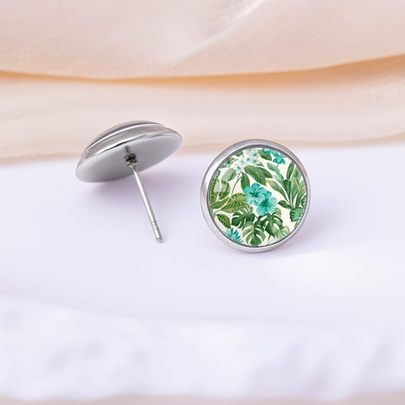 Women's Tropical Monstera Leaf Round Ear Studs, Stainless Steel