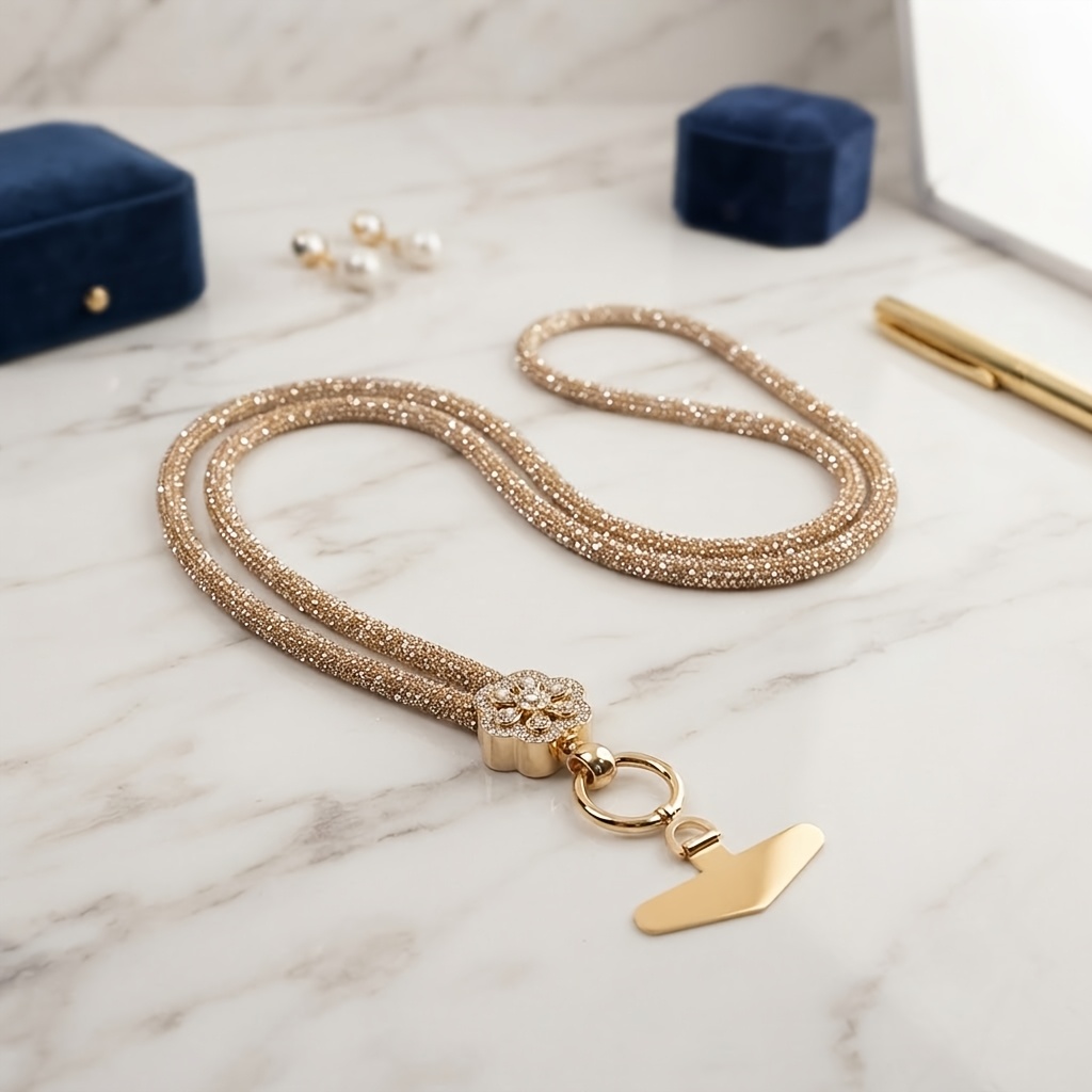 TEMU Fashionable Sparkling Diamond Phone Strap With Water Flower Pendant And Golden Embellishment Elegant Women S Cross-body Neck Strap Suitable For