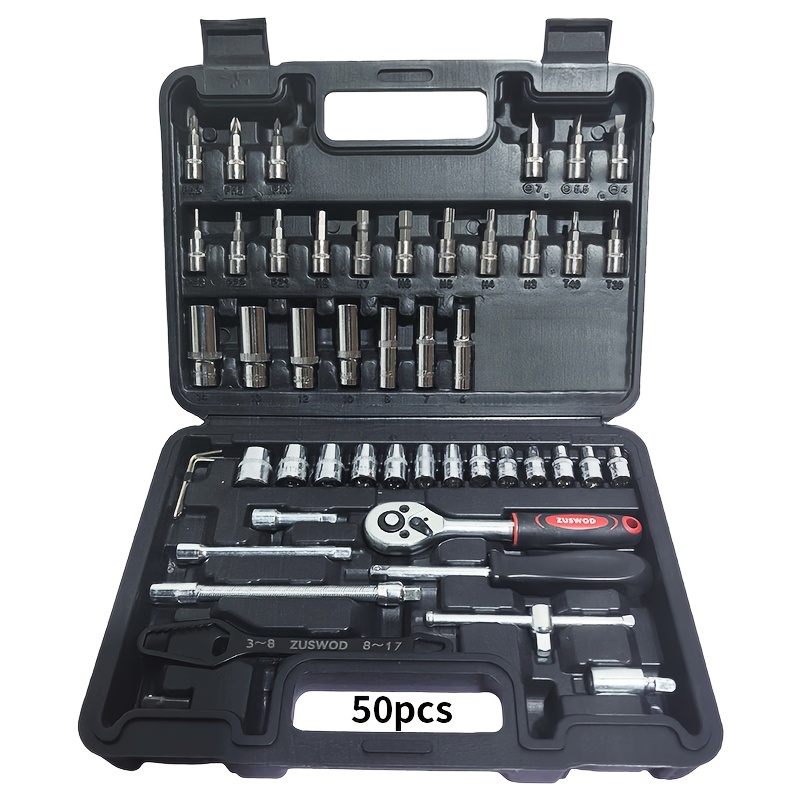 TEMU 50pcs Tool Set (1/4 Inch Drive) Or 49pcs Impact Socket Set (3/8 Inch Drive), Material, Premium Tool Set, Outdoor Portable Car/bicycle Repair