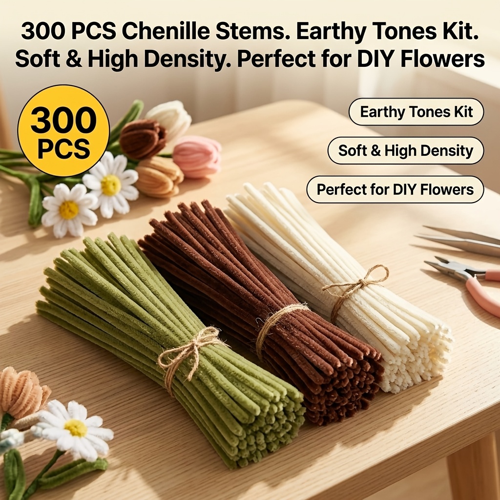 TEMU 300pcs Chenille Stems Craft Kit, Featuring 3 Vintage : Olive Green, Dark Brown, And Creamy White. The High-density, Thick, And Soft Fluffy Yarn