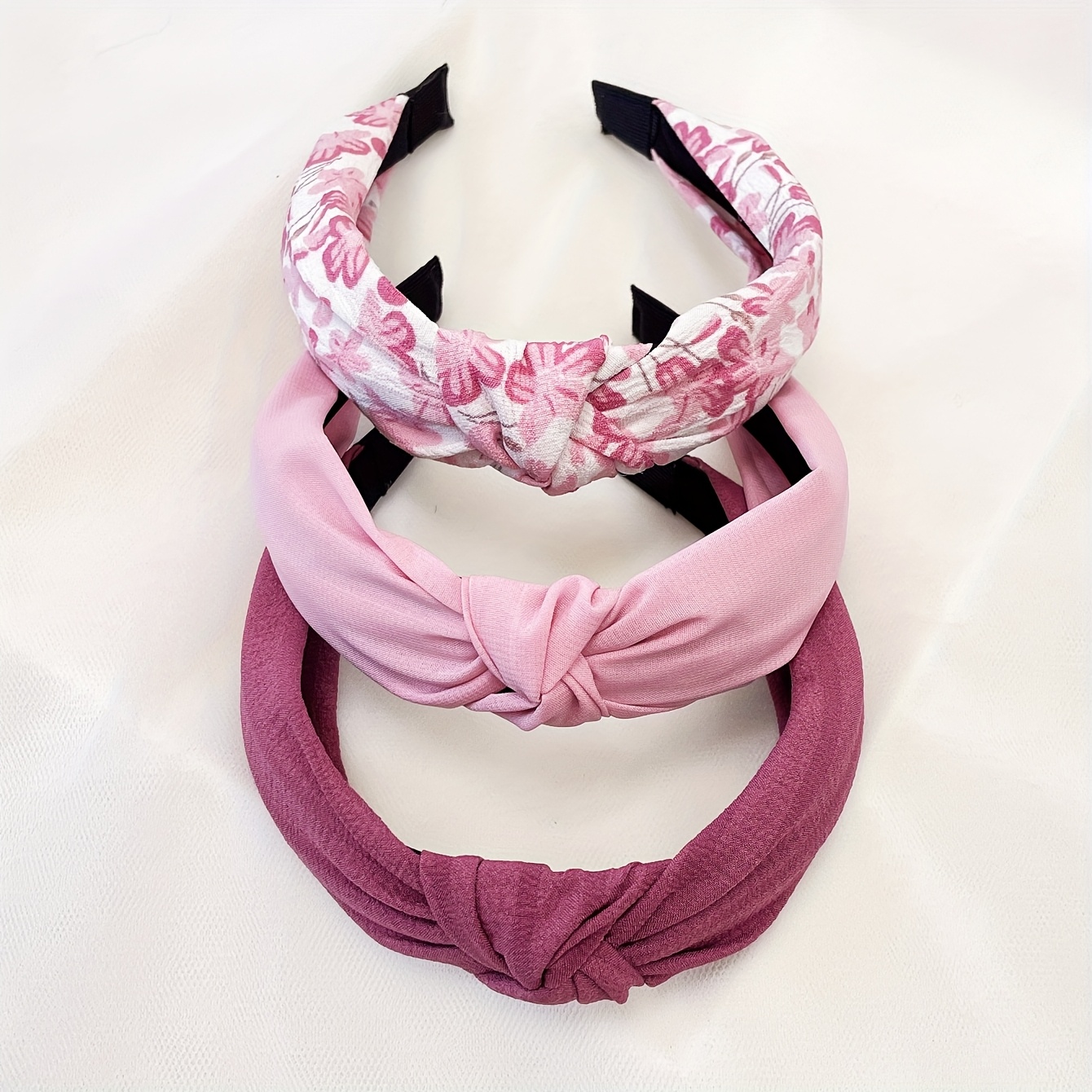 E-shop Set mit 3 Damen-Stirnbändern, breit, aus einfarbigem Stoff in tiefrosa mit Blumenmuster, süßer Stil, Haar-Accessoires für den Feiertage