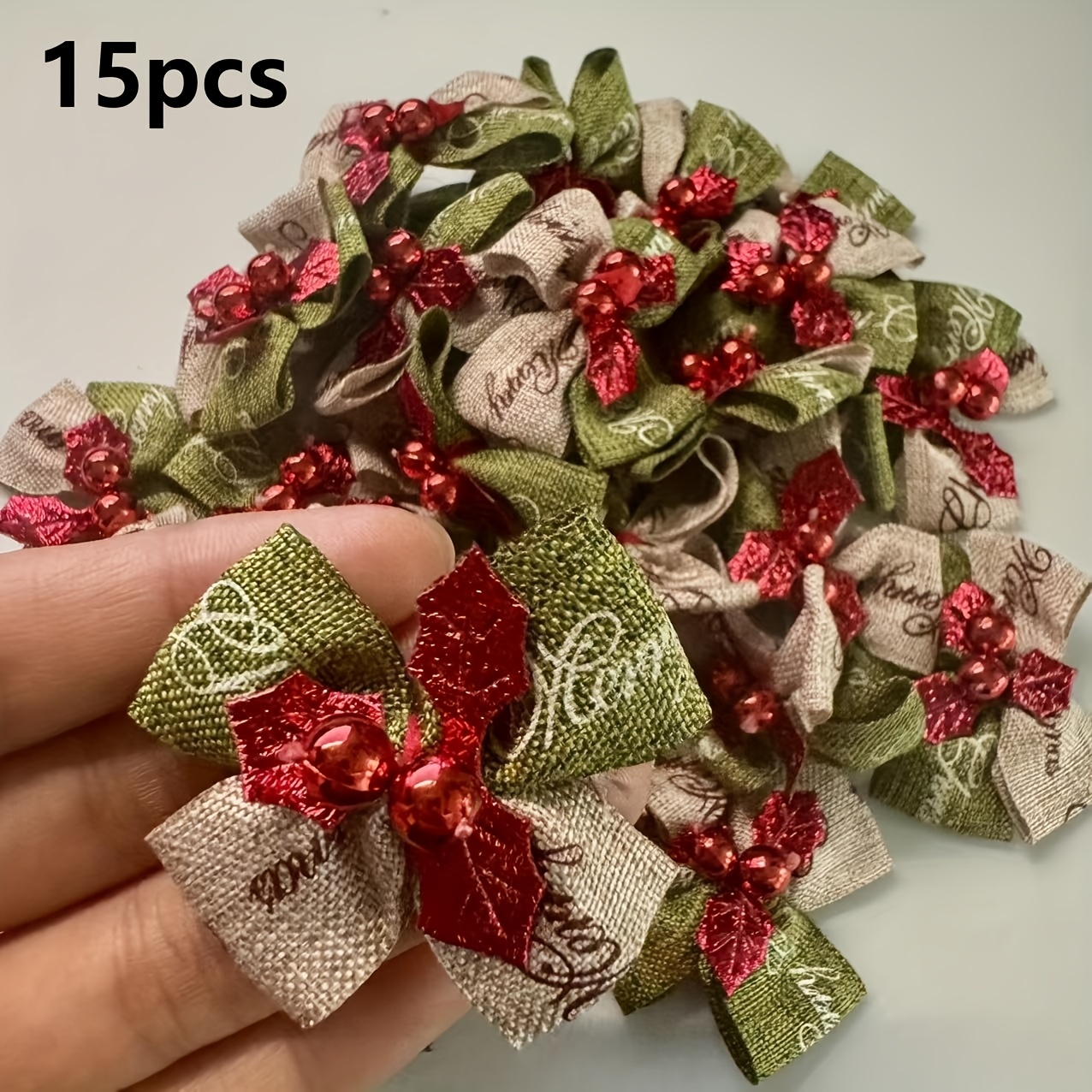 TEMU 15pcs Mini Hand-stitched Christmas Fabric Bow (red/green Color Matching), Suitable For Christmas Tree Decoration, Gift Packaging, Wedding, New