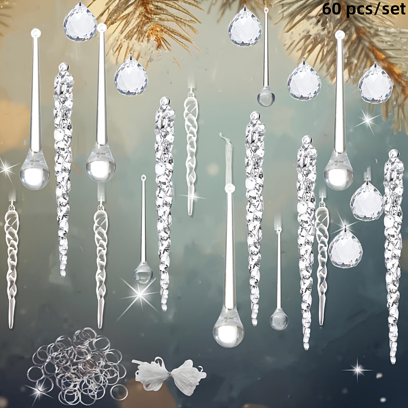 Image of 60 Christmas Tree Ornaments - Hanging Transparent Acrylic Ice Strips, Small And Large , And Pineapple Bead Crystal Balls, Other Decorations For Winter And New Year Parties
