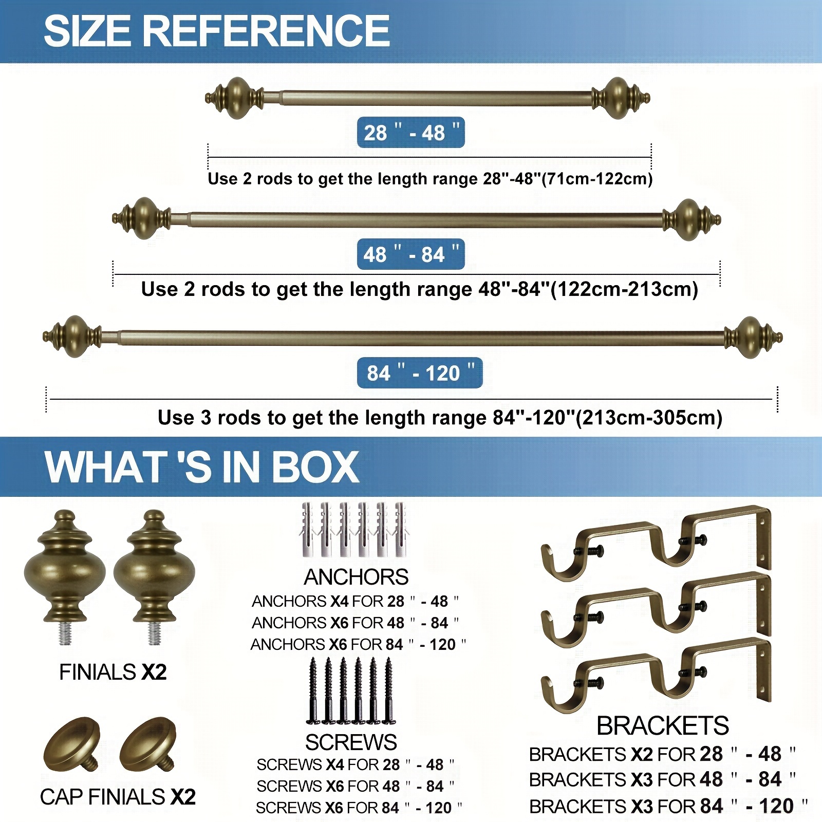 DINY 1/2 Inch Drapery Curtain Rod Set – 28-48 Inch Adjustable, Blue Round Finials, Metal