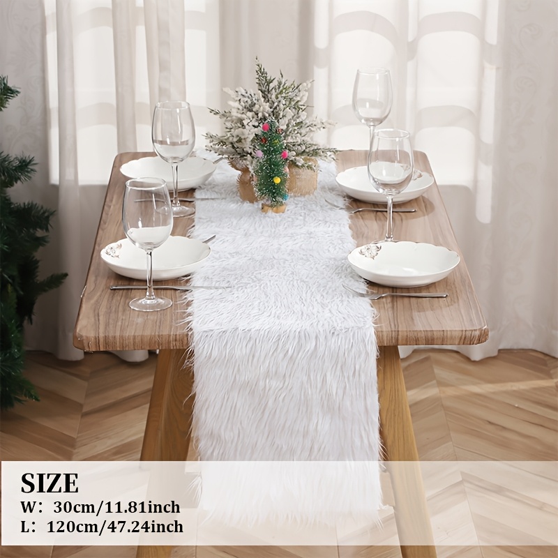 TEMU 1pc, White Long Plush Table Runner, Winter Atmosphere, Suitable For Christmas, J-day And Other Holiday Decorations, Dining Table, Coffee Table,