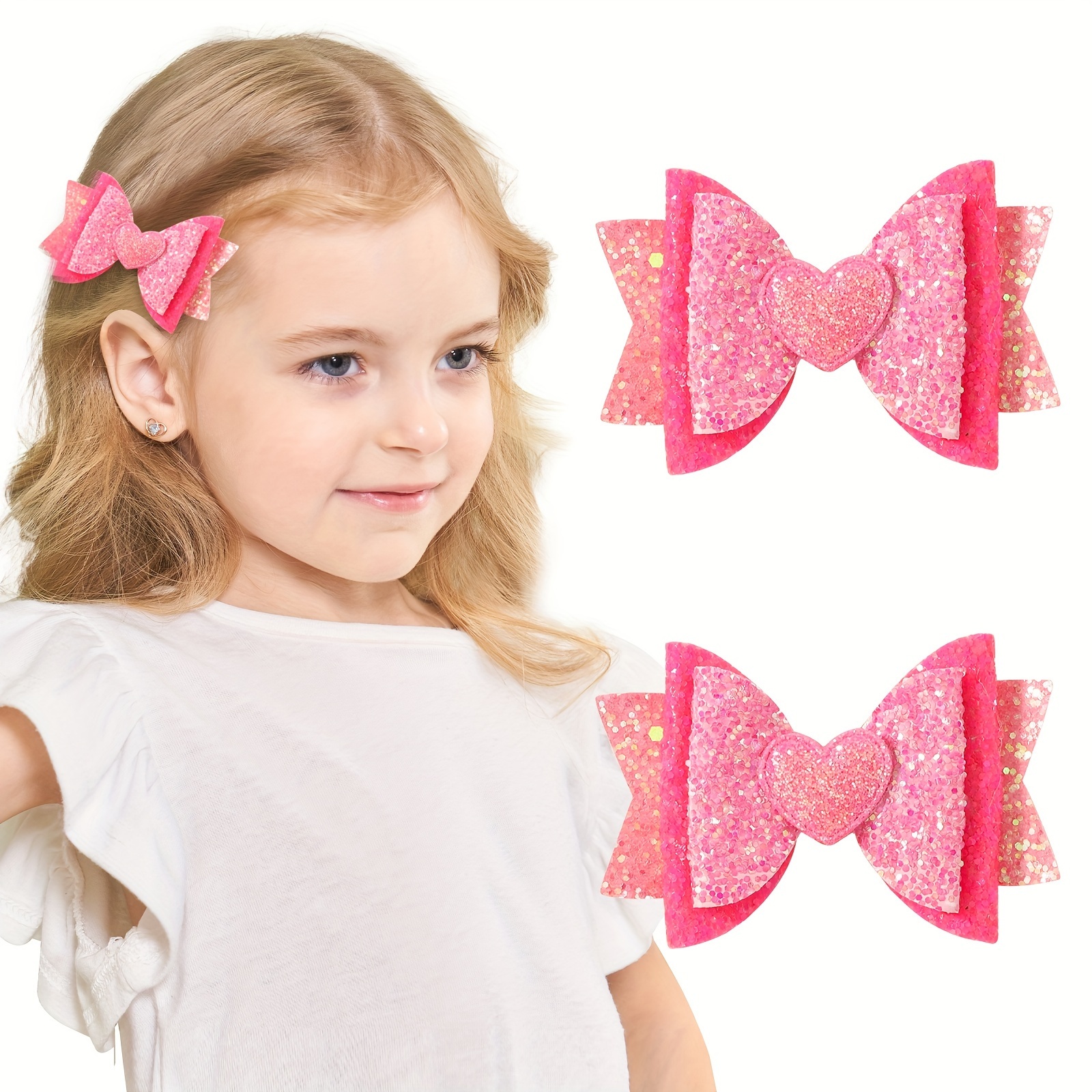 

2pcs Bow Hair Clips For Girls - Sparkly Fabric Ponytail Holders, Parties & Casual Wear