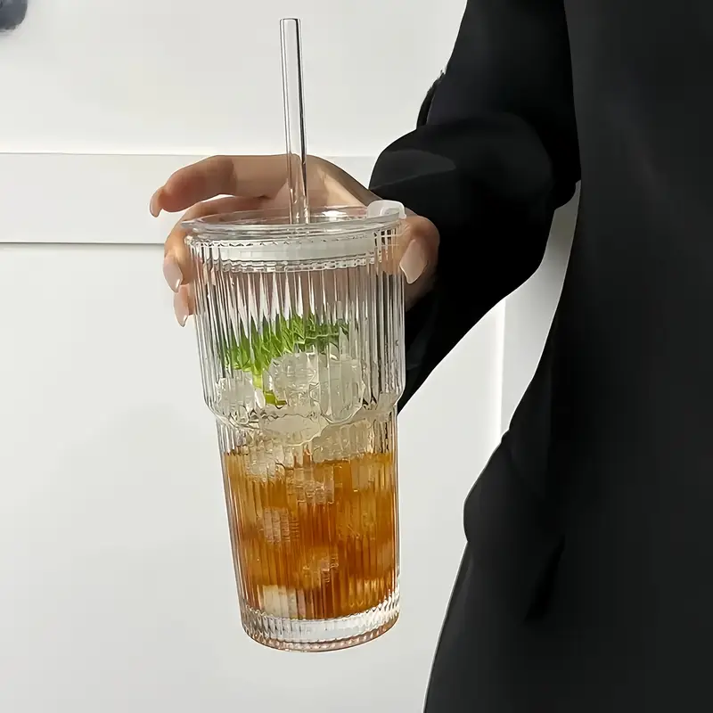 2pcs ribbed glass cups with lids straws 20oz reusable cleaning brushes for iced coffee juice smoothies non slip dishwasher safe home office parties party supplies ribbed texture cup durable glass cup Product details 0