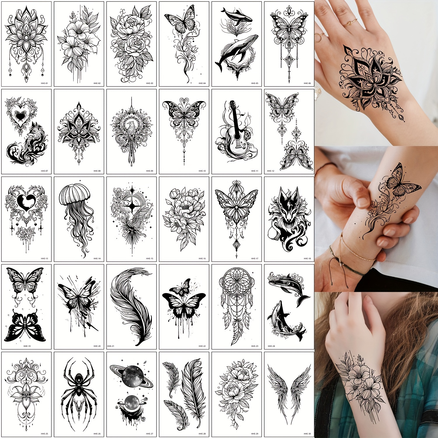 Temporary Tattoo Stickers, Black Feather Wind Chime Wings Planet Guitar Pattern Tattoo Stickers, Body Wrist Clavicle Art Waterproof Fake Tattoo Stickers Suitable For Women