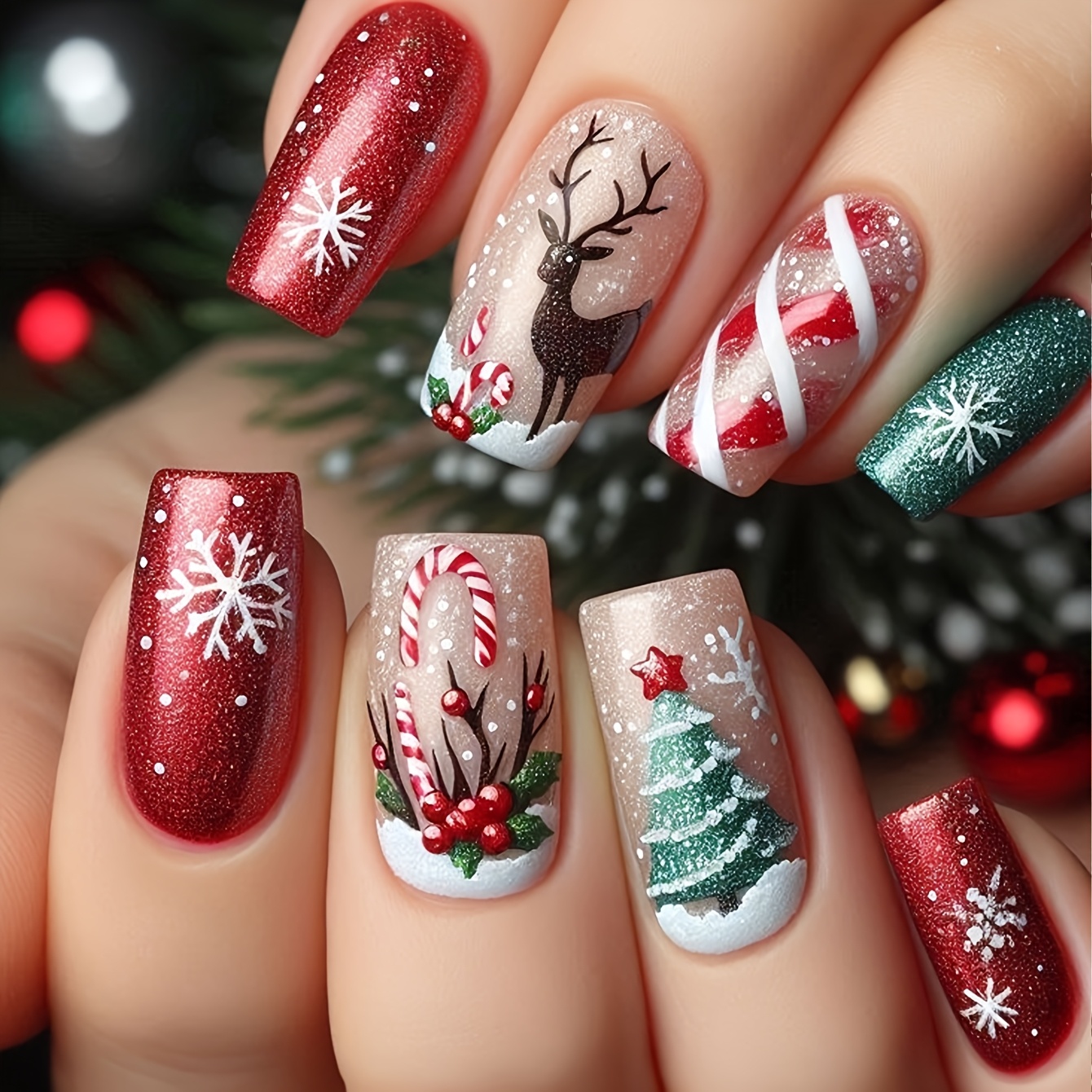 TEMU 24pcs New Christmas Press-on Fake Nail Set - Medium-length Square Shape, Christmas Tree And Reindeer Color Block With Snowflake Pattern, Red And