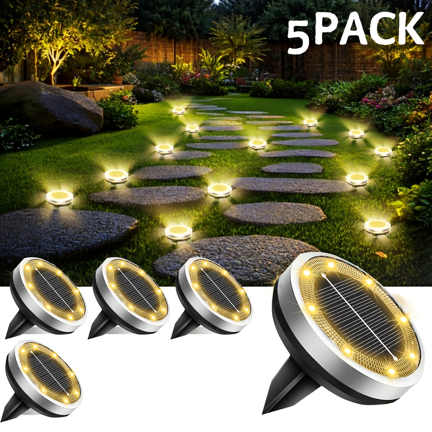 TEMU Lot de 7/5 Lampes Solaires de Sol d'Extérieur, IP44 Améliorées, Lampes Solaires de Jardin en Acier Inoxydable, Lampes de Paysage à Disque à