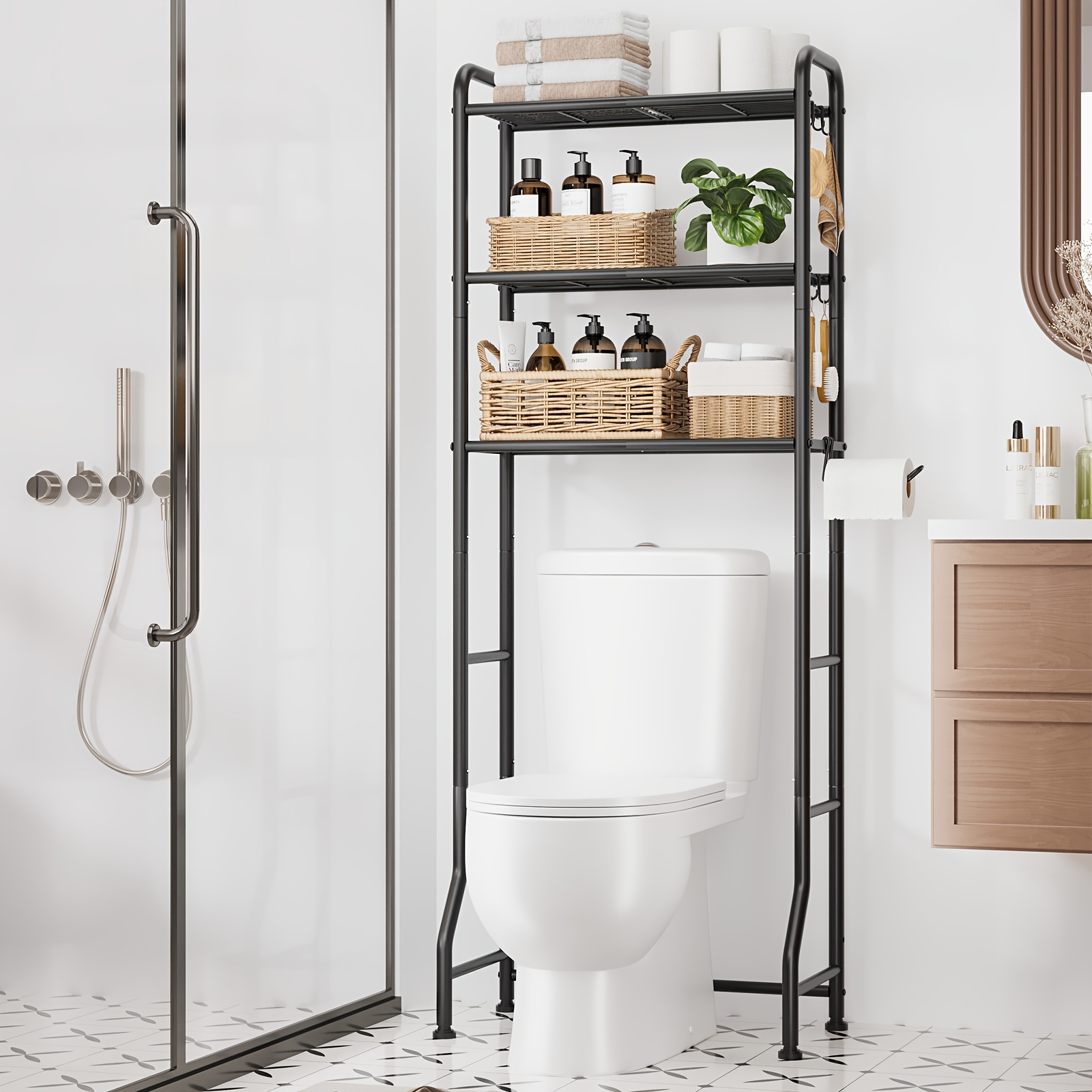 Image of 3-layer Toilet/washing Machine Overhead Storage Rack, 61.7x32.5x160.5cm Golden Bathroom Storage Rack, Rust-proof Space-, Can Toilet Paper And Bathroom Supplies