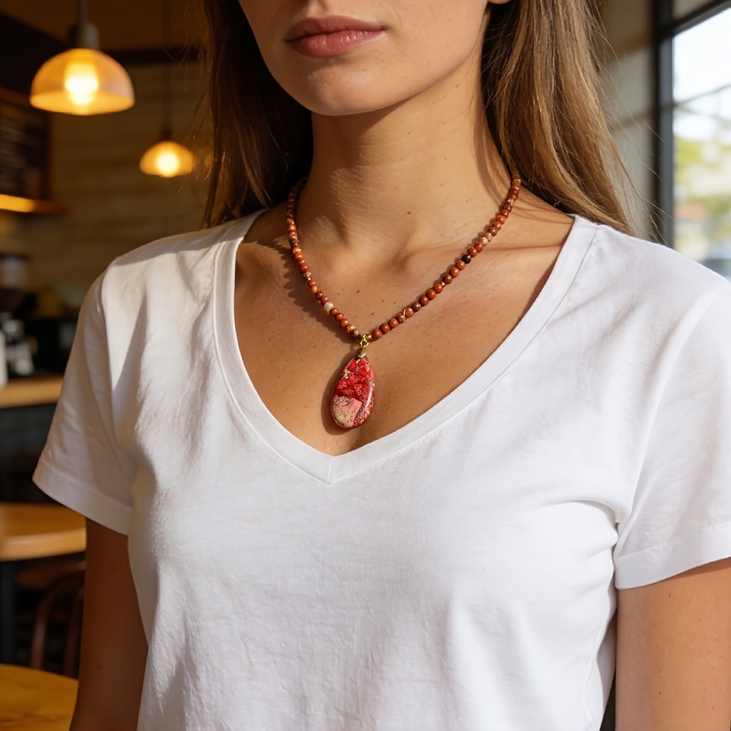 Natural Red Aventurine Beads Necklace with Teardrop Pendant