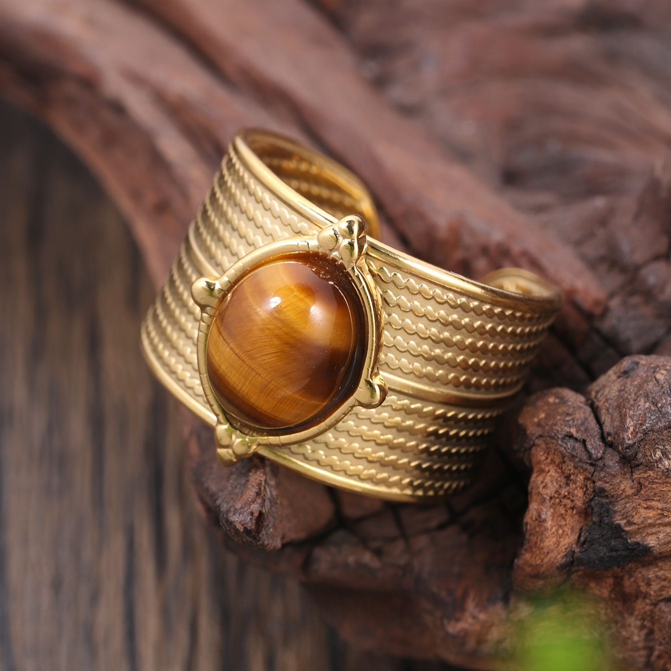 Image of Elegant Vintage-inspired Stainless Steel Ring With Oval Coffee-colored Stone - Perfect For Daily Wear & Special Occasions, Adjustable Open , Ideal Gift For Her