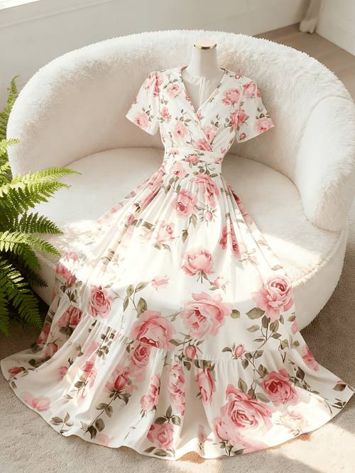 womens rose print v neck a line short sleeve dress elegant and versatile suitable for daily wear vacation commuting valentines style