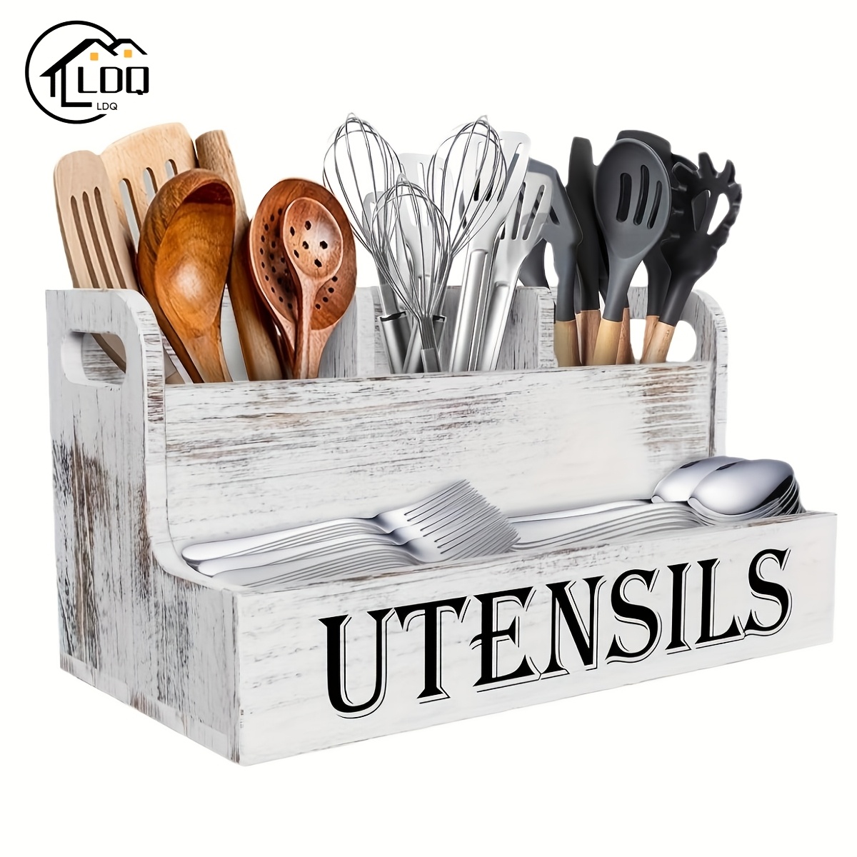 

4-compartment Organizer For Countertop-rustic Wooden Kitchen Utensil Rack -multi- Silverware And Cooking Tool Organizer, Non-powered, Non-waterproof, Wooden Rectangular Shape