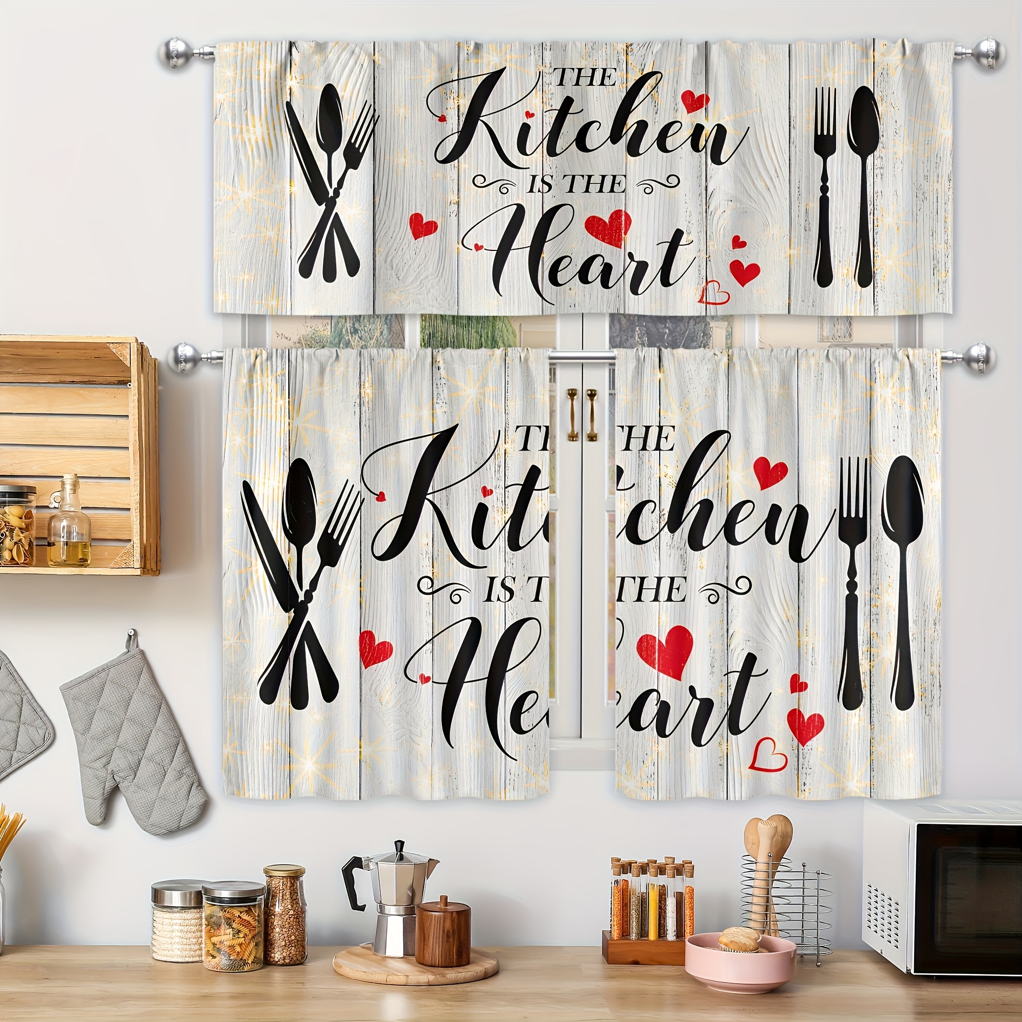 TEMU 3pcs - Polyester - Vintage Kitchen Curtain Valance Set Rustic Stars Wood Board Fork And Knife Country Farmhouse Wear Rod Fun Quotes Cafe Office