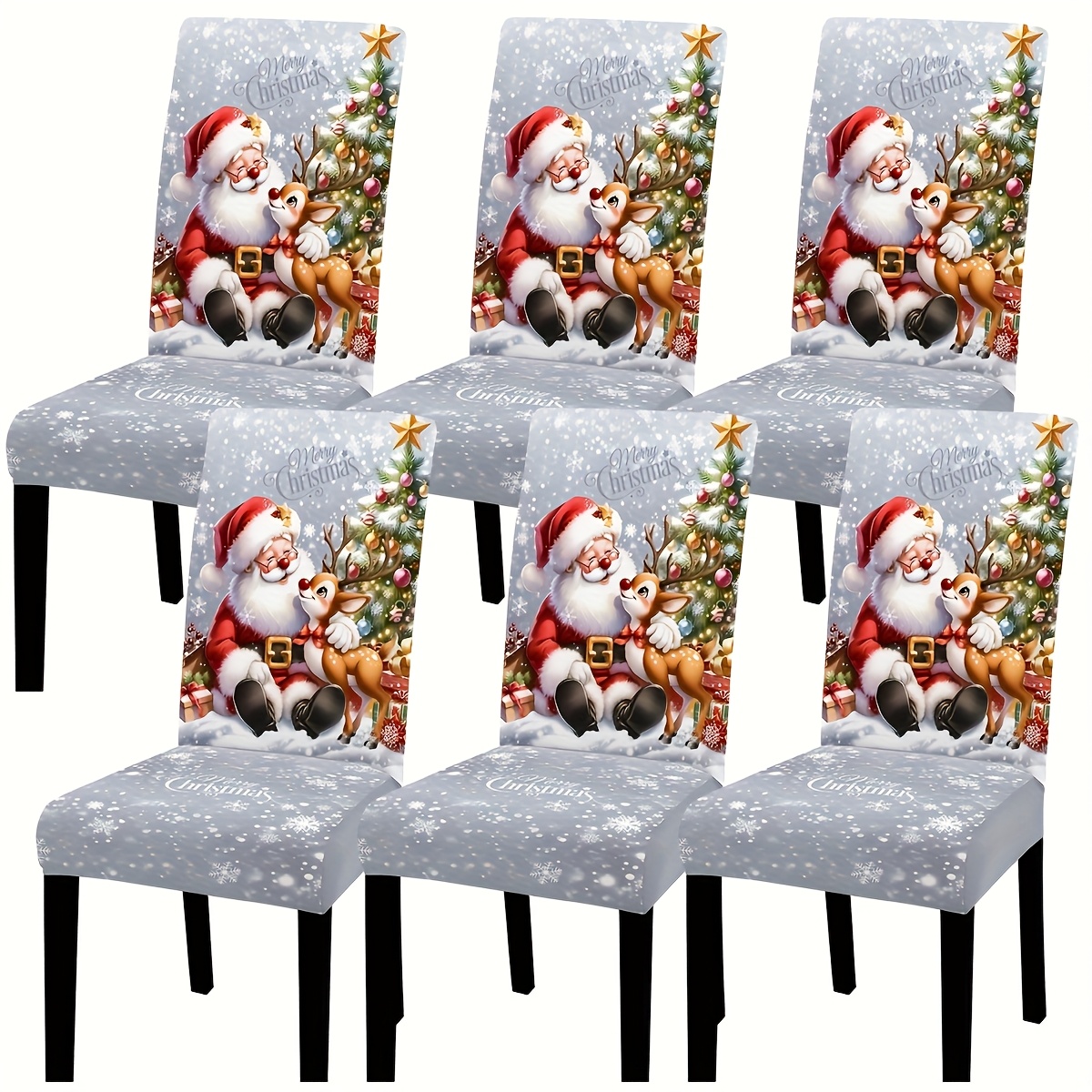 Image of 4/6pcs Santa & Reindeer Elastic Chair Covers Compatible For Christmas - Washable Stretchable Protectors Suitable For Dining Room, Kitchen, Living Room - Holiday & Decor (4 Or 6 Chairs)