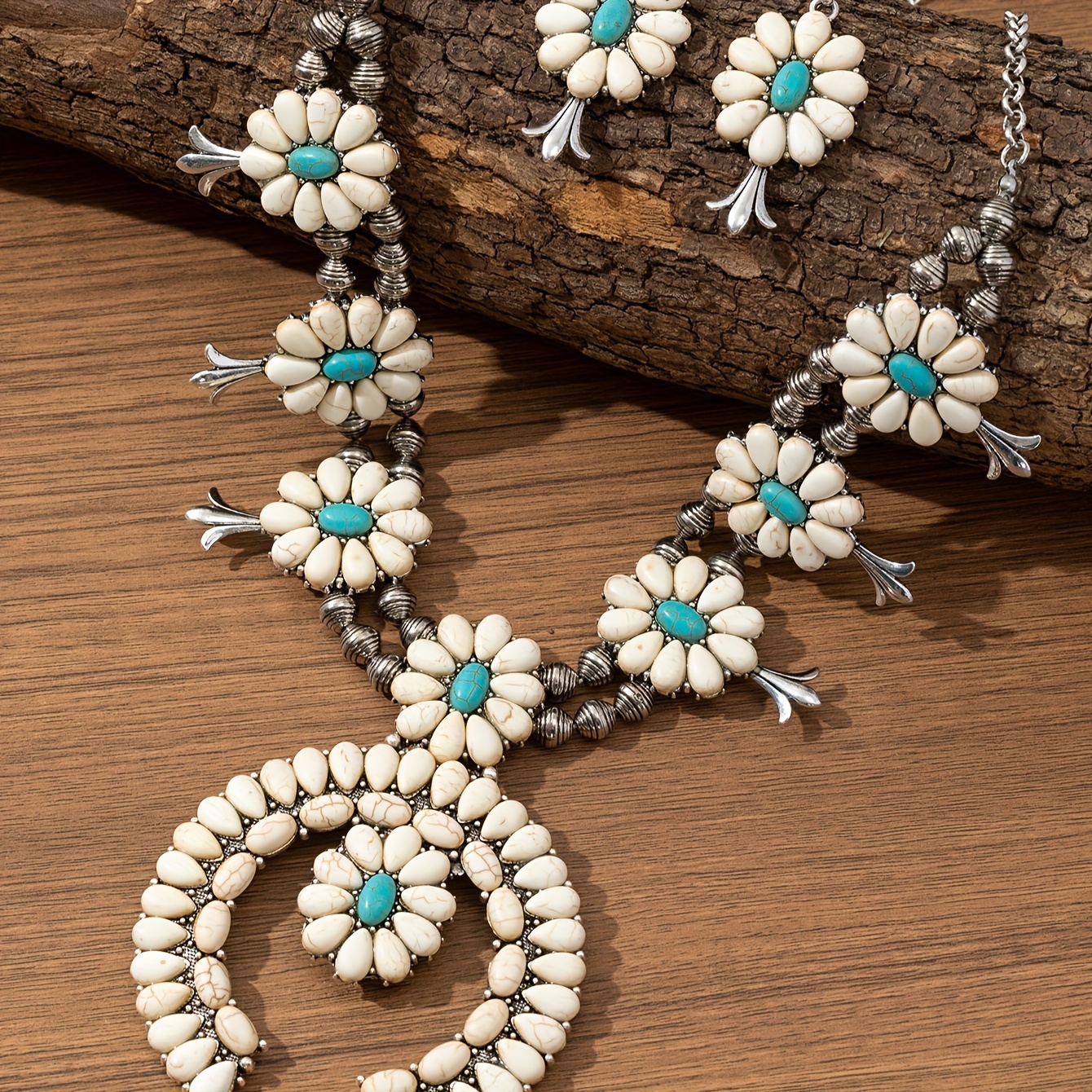 european and american bohemian western style vintage fashion exaggerated pumpkin horseshoe handmade ccb beaded   alloy turquoise necklace earrings set suitable for autumn and winter outfits   holidays etc