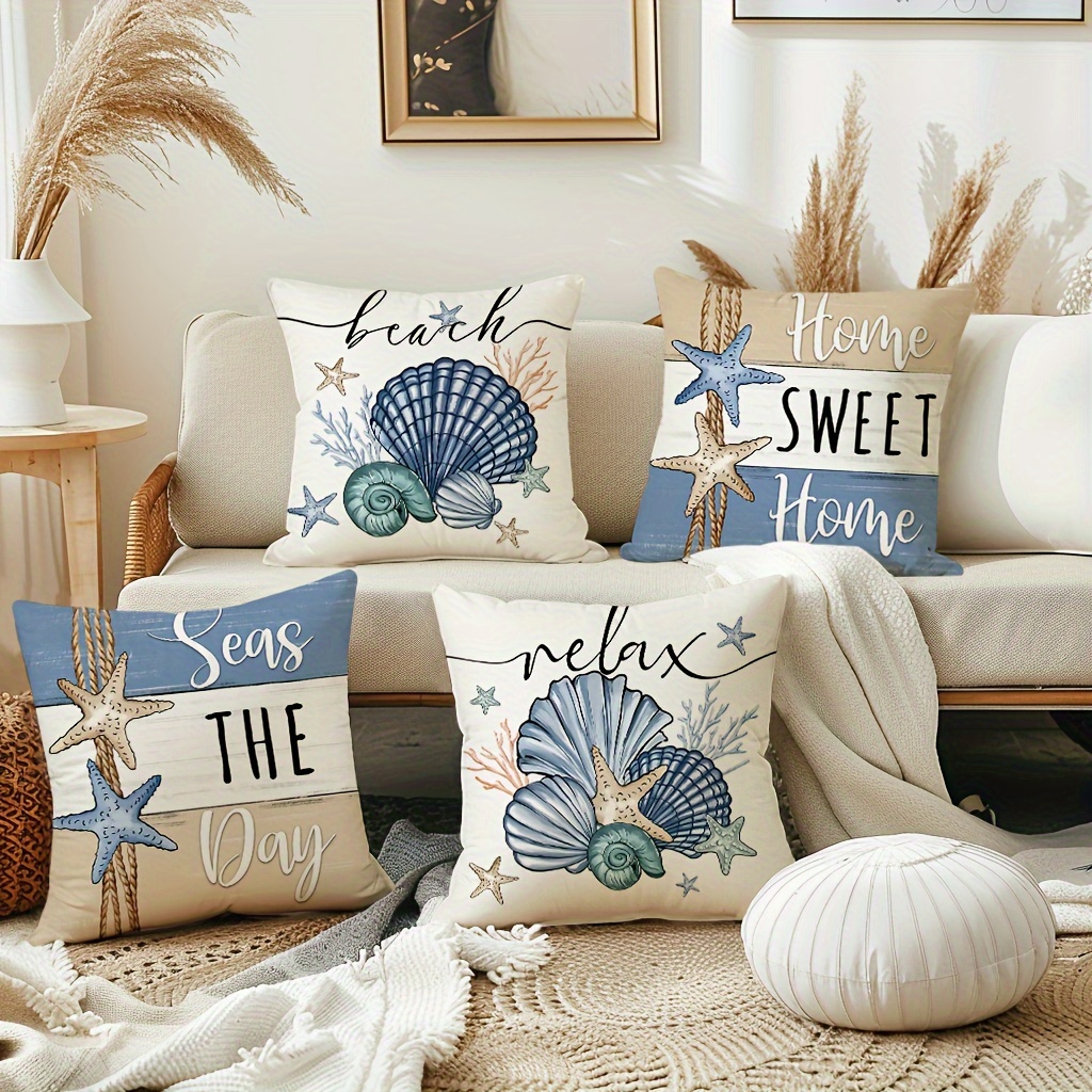 

Set Of 4, Ocean Starfish Throw Pillow Covers, 18*18inch Shell Decorations Cushion Cases, Farmhouse Pillowcases For Porch Patio Couch Sofa Living Room Outdoor, Without Pillow Inserts